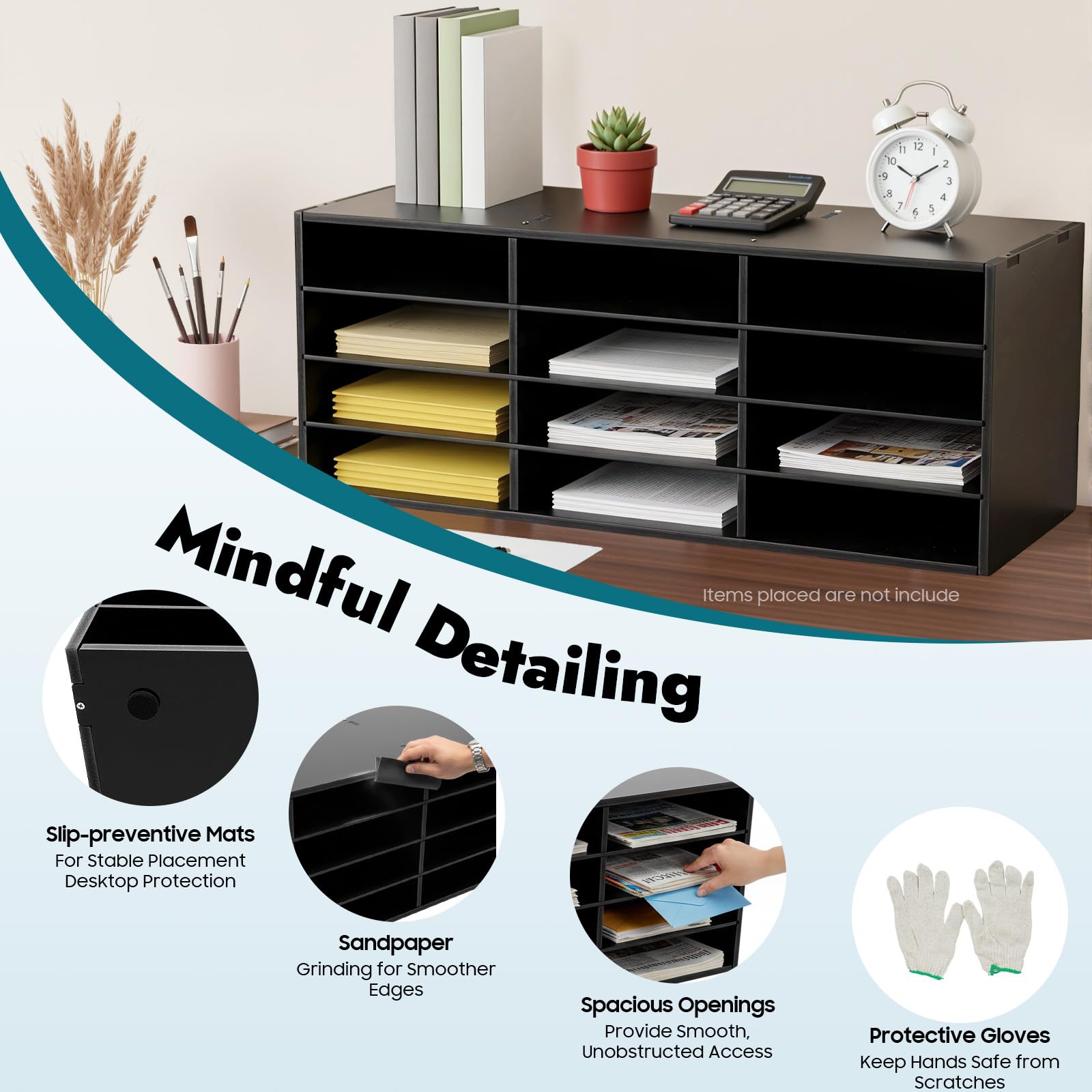 Bandeja organizadora para cartas, material de PVC, 12 compartimentos, 4 niveles, independiente, rectangular, escritorio, literatura, 80 x 30,8 x 30 cm