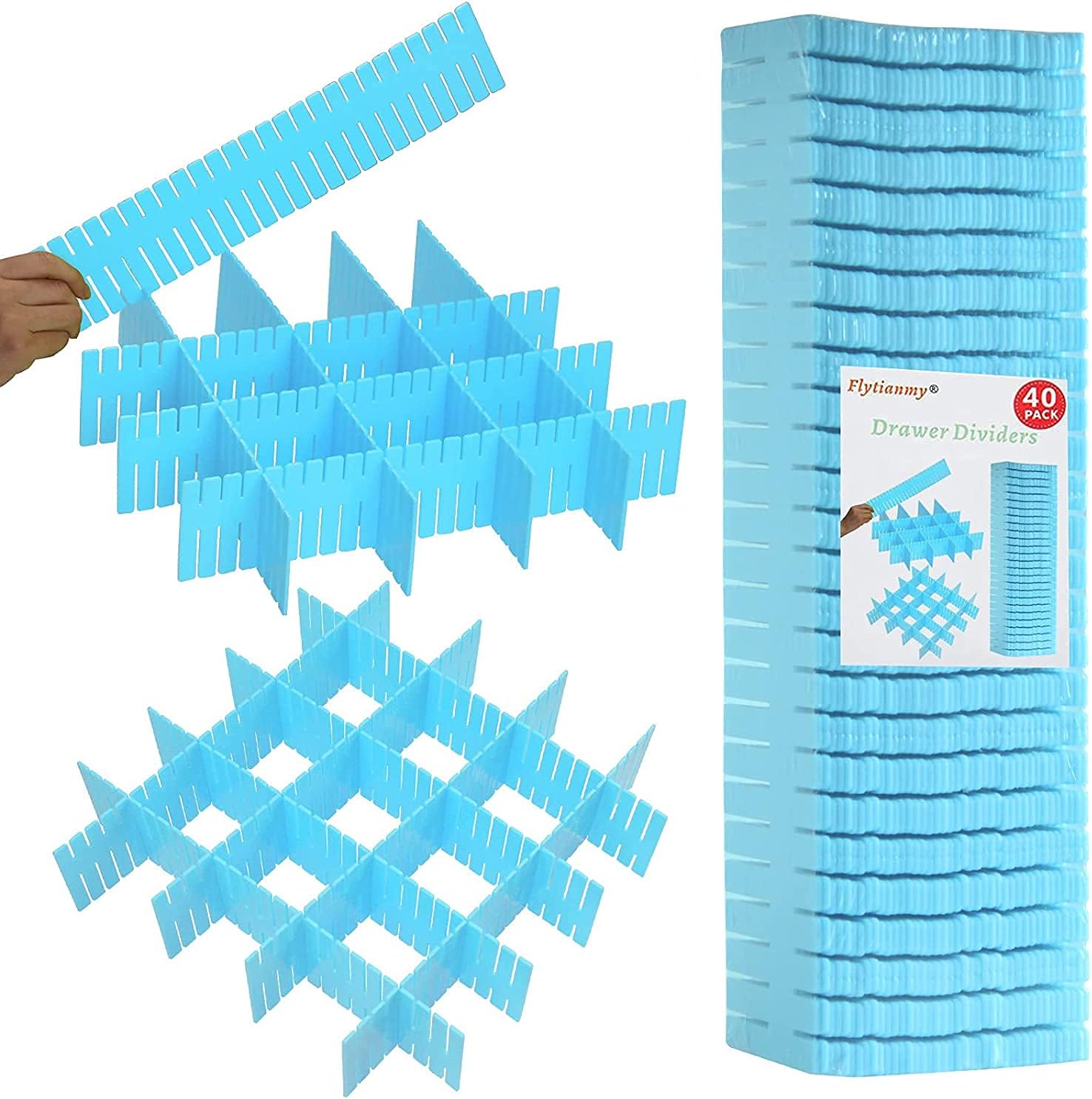 Flytianmy40Pcs Drawer Dividers, Adjustable Drawer Organizer for Socks, Underwear, Makeup, Can Help Tidy Kitchen, Bedroom, Dresser Blue