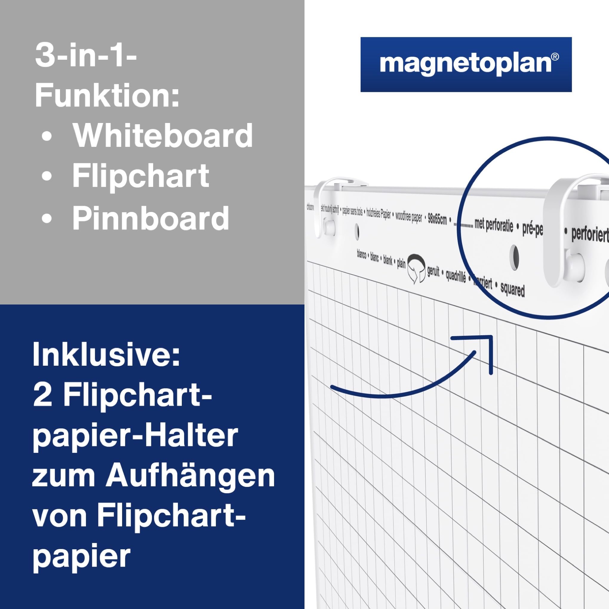 magnetoplan Design-Universalboard, 3in1, Filz grau | Whiteboard + Pinnboard | mobile Moderationswand, Flipchart + Whiteboard | BxH 750x1200mm | Für Agiles Arbeiten | Aluminium Standfüße + Rollen