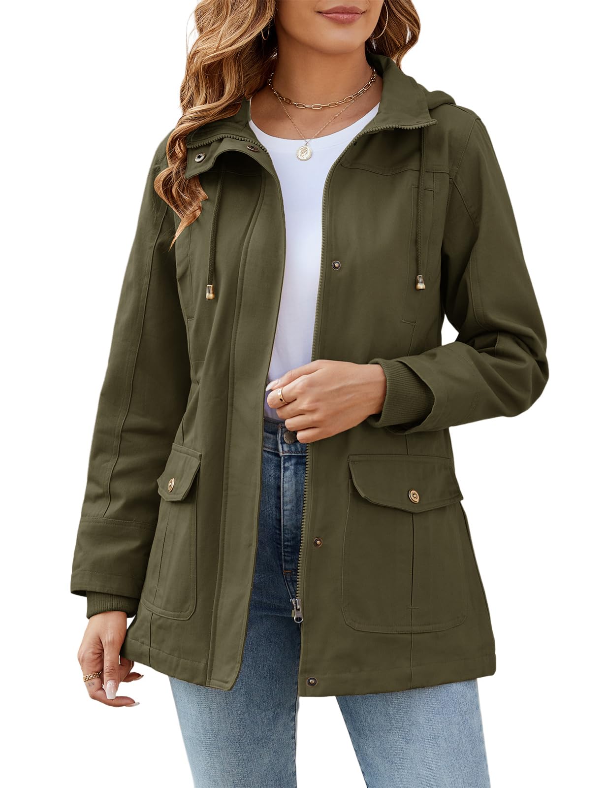 Tuopuda Veste Femme mi Saison Parka en Coton Blouson avec Capuche Décontracté Manteau Printemps Veste Militaire Zipper Jacket Coat Classique Automne Hiver Outwear