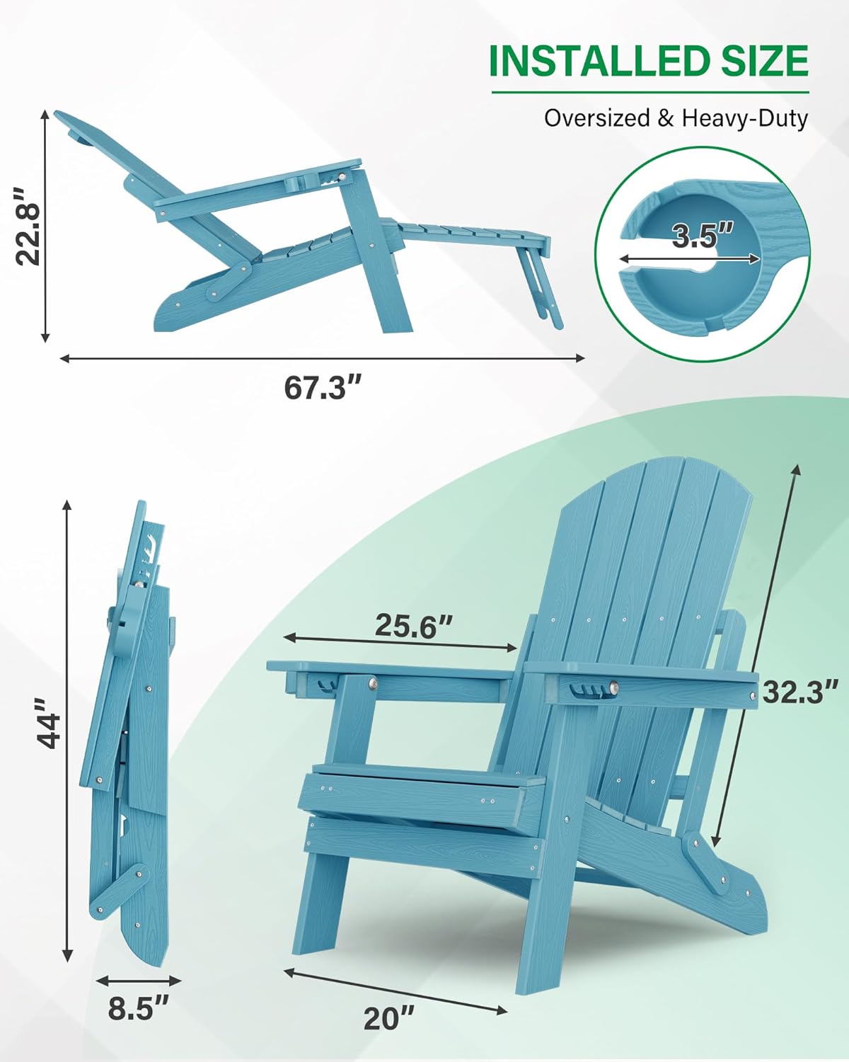 YEFU Adirondack Chair with Retractable Ottoman: Folding Adirondack Chairs Set of 2-5-Level Adjustable Backrest with Footrest - Fire Pit Chairs - Cup Holder - Outdoor Plastic Chair for Patio