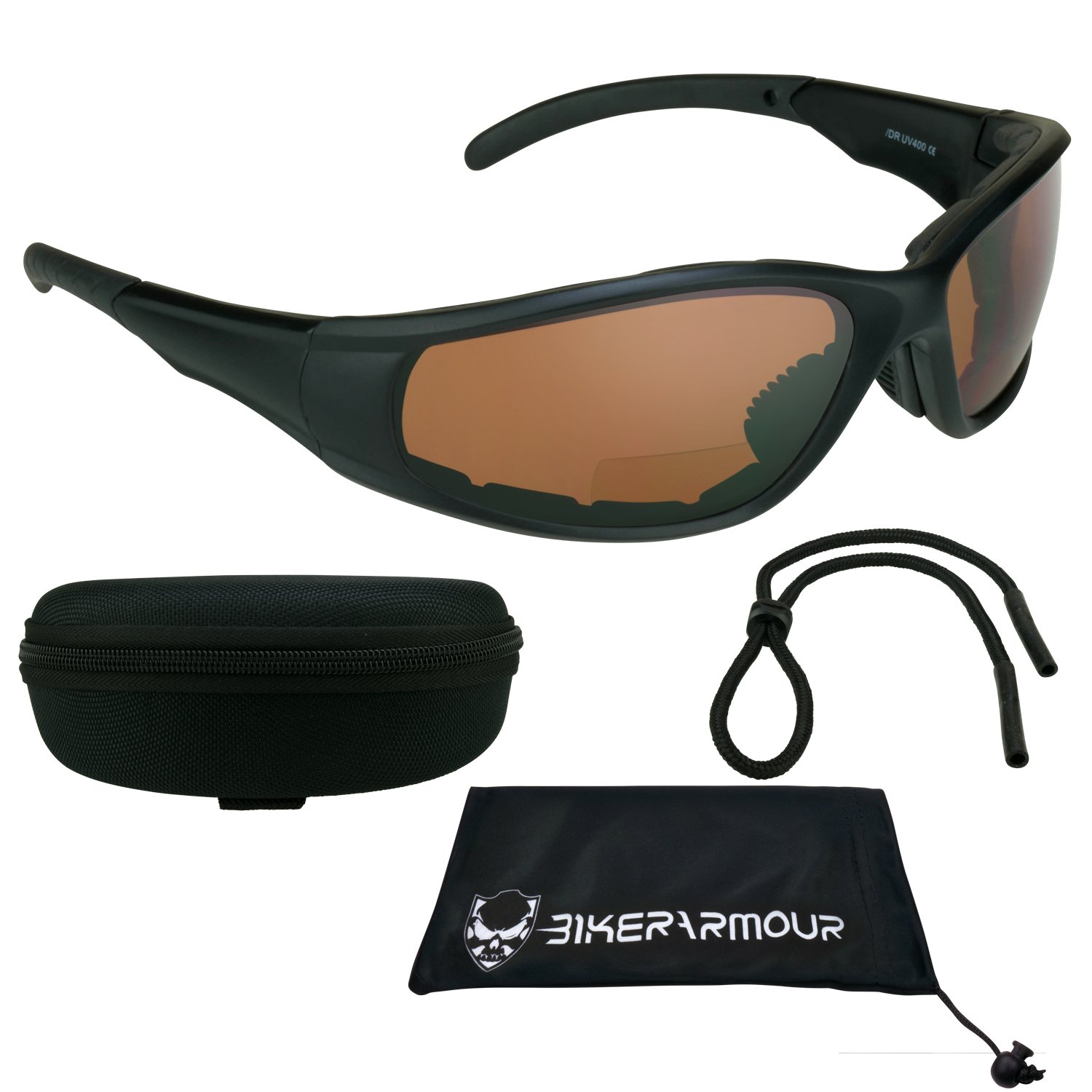 Bikershades Motorcycle Bifocal Safety Sunglasses +2.50 Padded Blue Blocking HD Lens Nylon Water Resistant Zipper Clip Hard Case & Strap