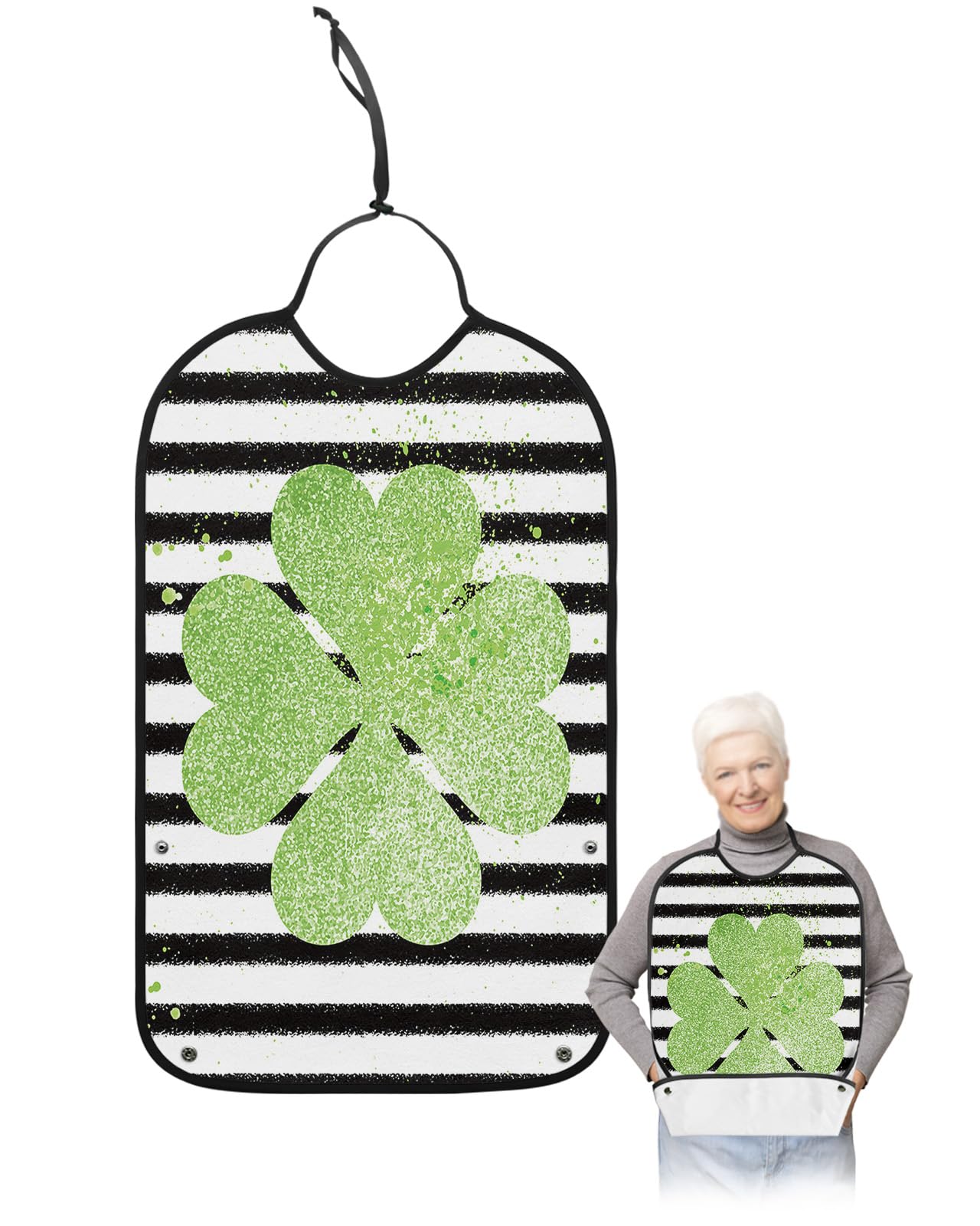 St. Patrick's Day Adult Bibs for Eating, Waterproof Bibs with Food Catcher & Adjustable Snap Closure, White Black Stripes Green Lucky Four Leaf Clover Clothing Protectors Adult Bibs for Elderly
