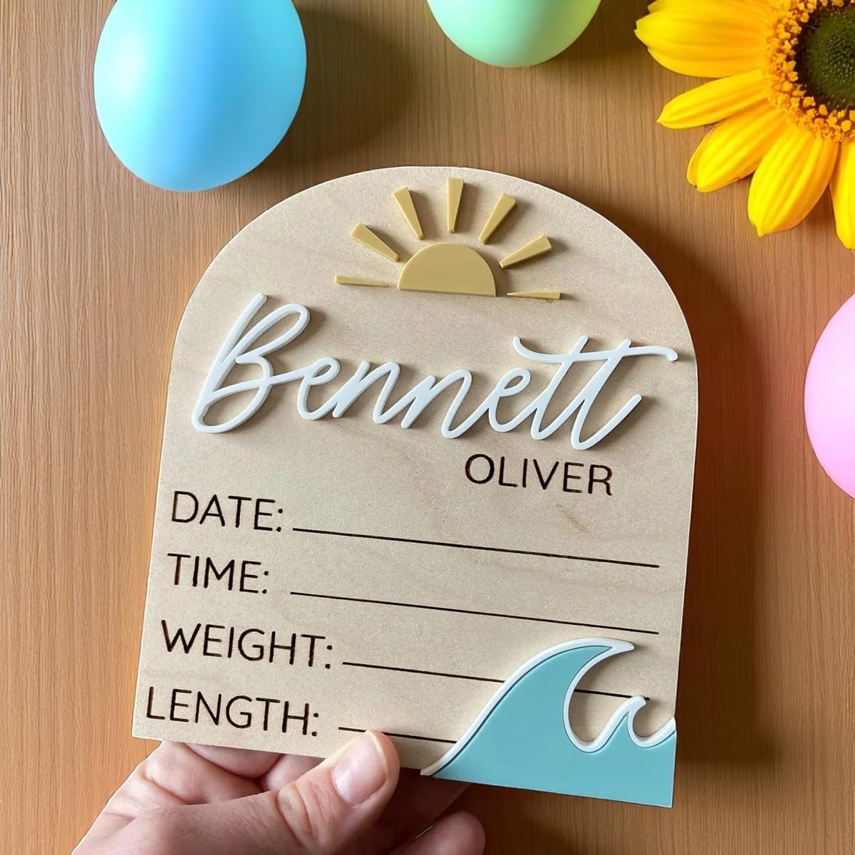 AXAHUHA AXAHUHA Set 2pcs Wooden Ocean Waves Birth Stats Board, Birth Announcement, Name Sign, Baby Name Wooden Sign, Baby waves - Nautical - Sunshine