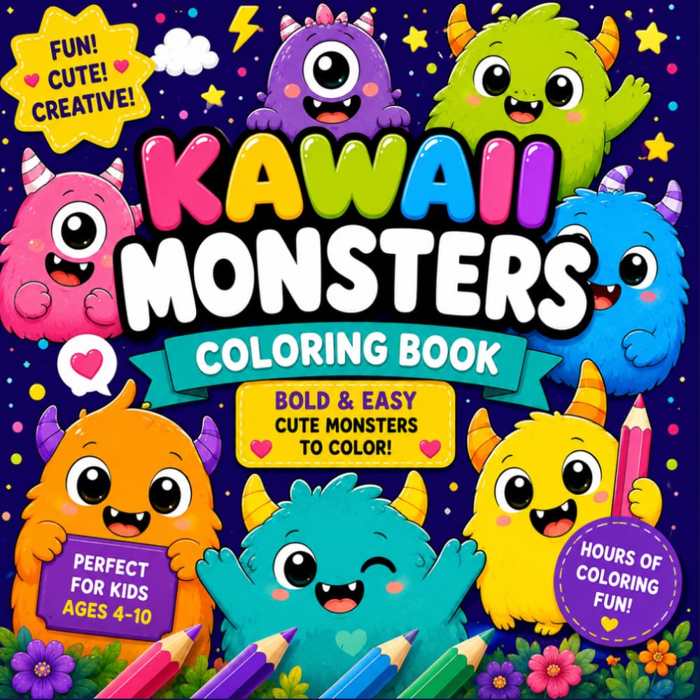 Kawaii Monsters Coloring Book for Kids: Bold and Easy Designs Featuring Adorable Kawaii Monsters, Sweet Treats, Stars, Hearts and Magical Adventures