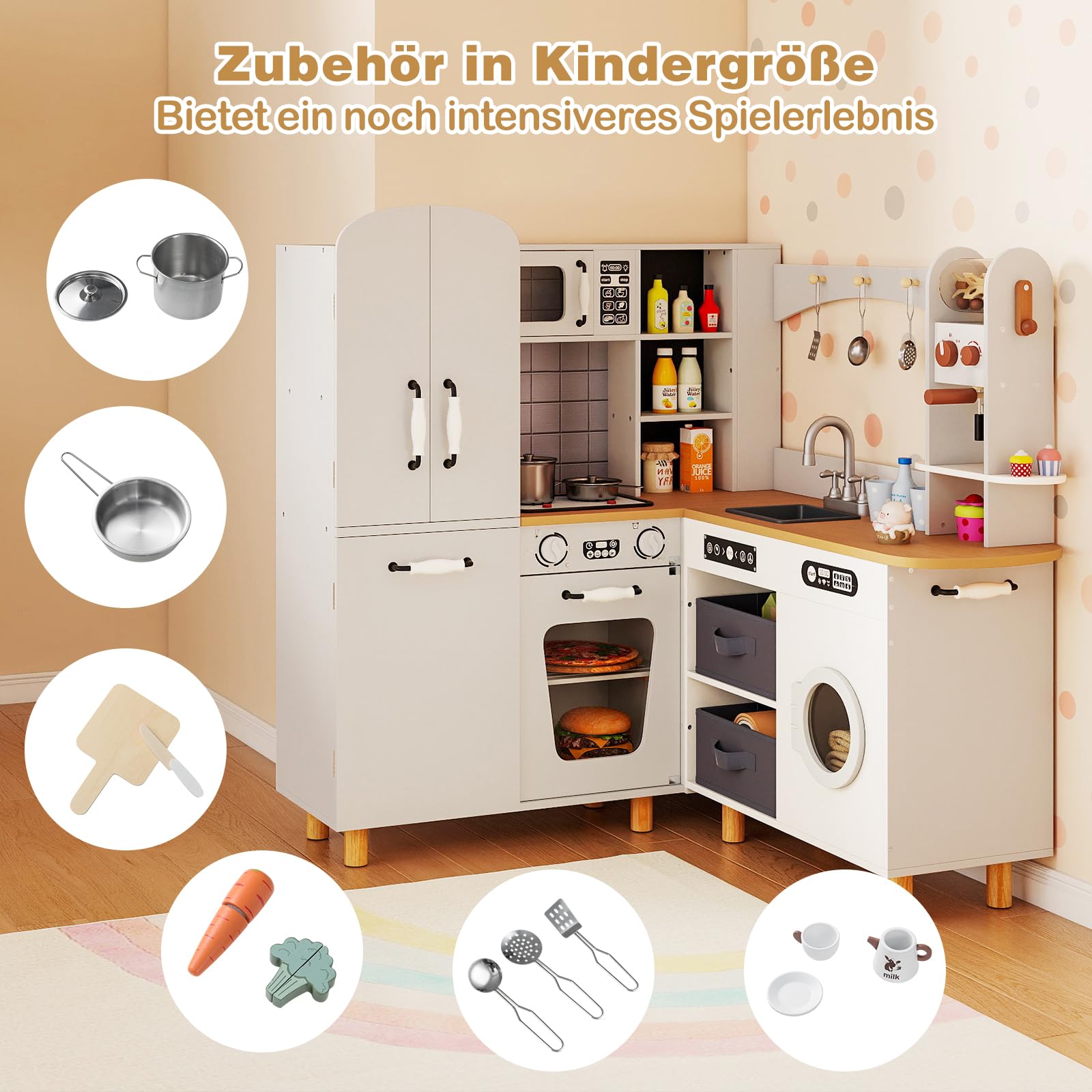 COSTWAY Kinderküche, Eck-Spielküche inkl. 12 Zubehör & Stoffkörben, Holzküche mit Doppeltür-Kühlschrank, Kaffeemaschine & Waschmaschine, Spielzeugküche mit Licht & Sound für Kinder ab 3 Jahren (Weiß)