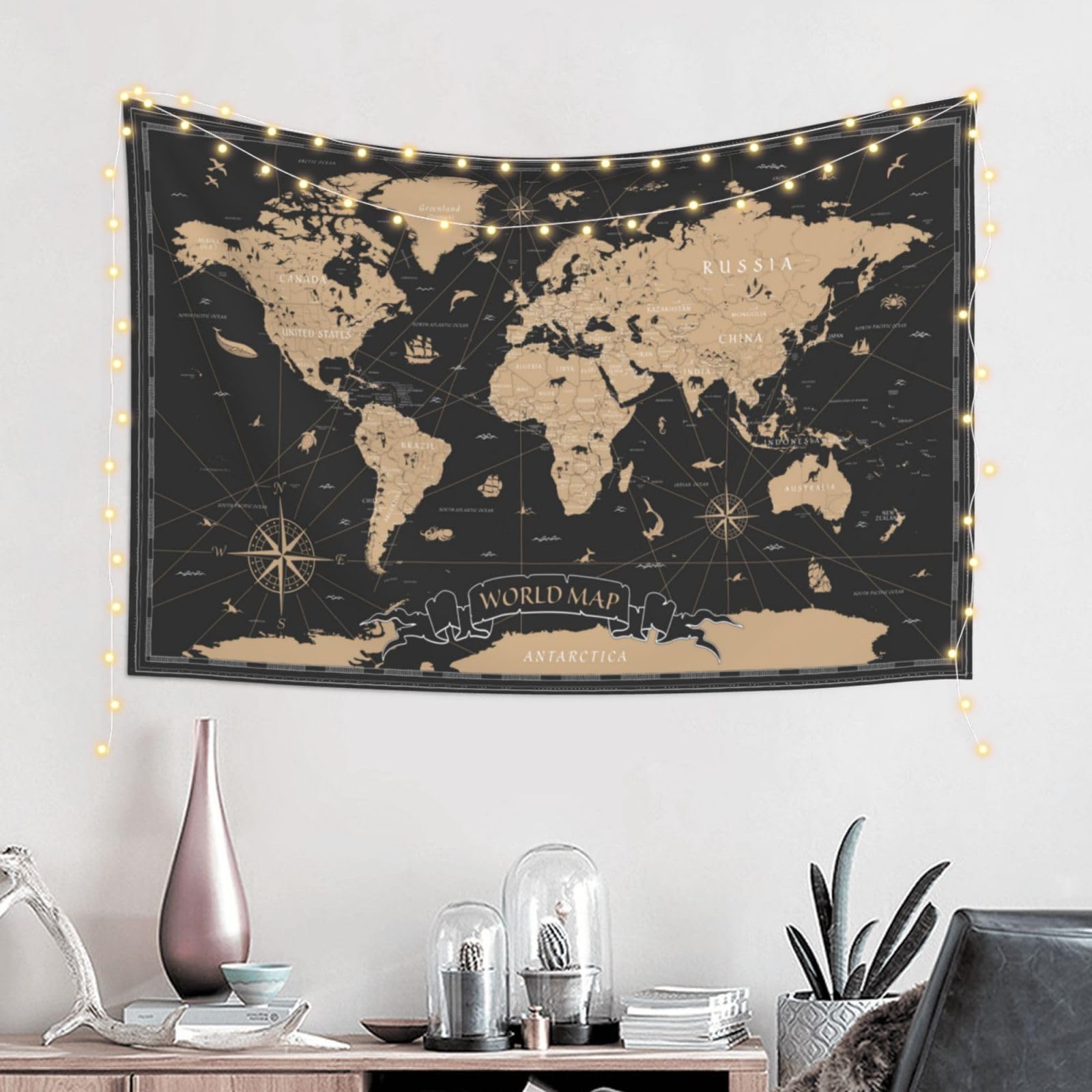 MOUNDHONG Retro World Map Black Tapestry Wall Hanging, Art Tapestry Retro Wall Art Large Wall Tapestries for Bedroom College Dorm Living Room Decor 40 x 60 in