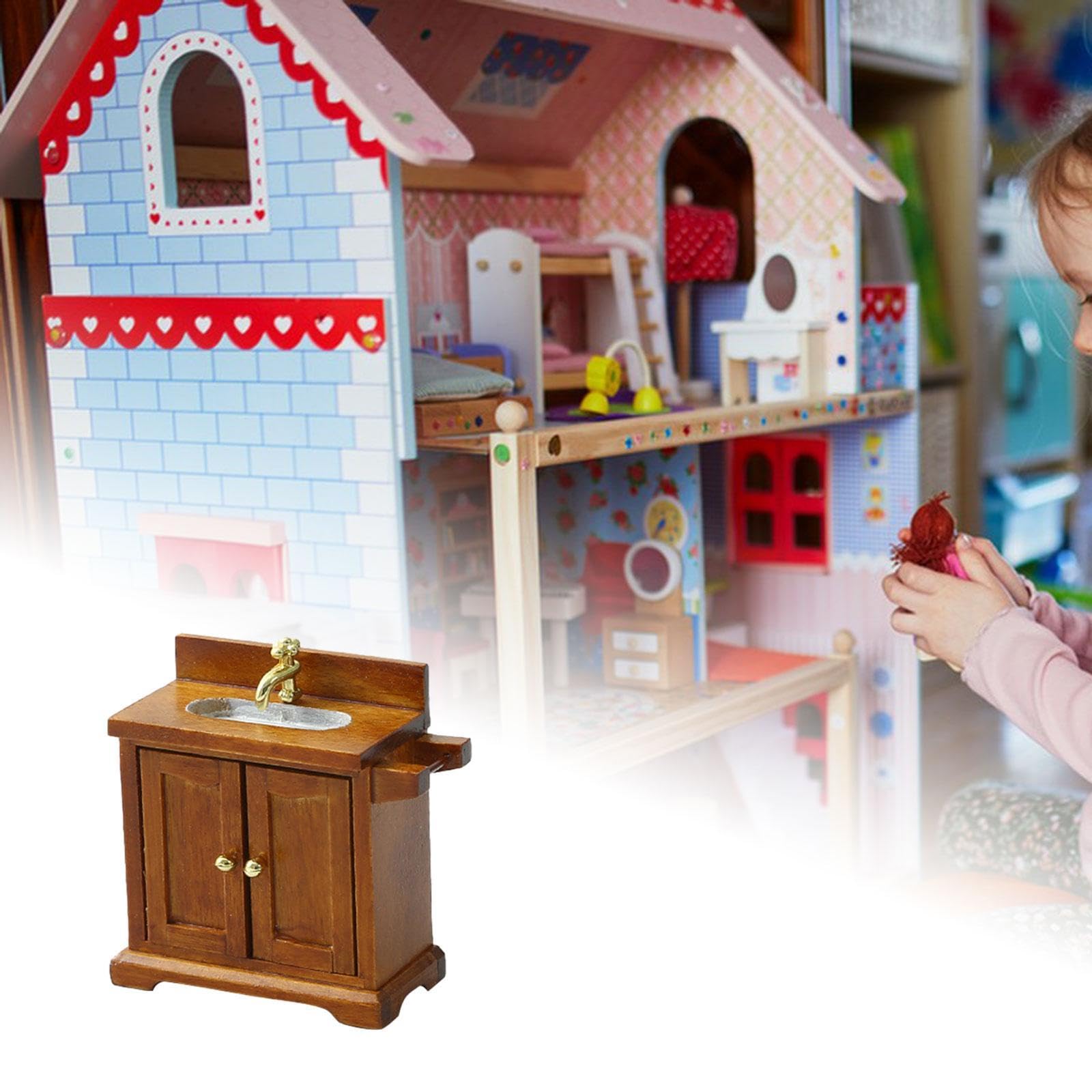 Menolana Dollhouse Bathroom Cabinet Dollhouse Sink Simulation Ornament Bathroom Scene Scene Decor for 1/16 Micro Landscape Decoration, Brown