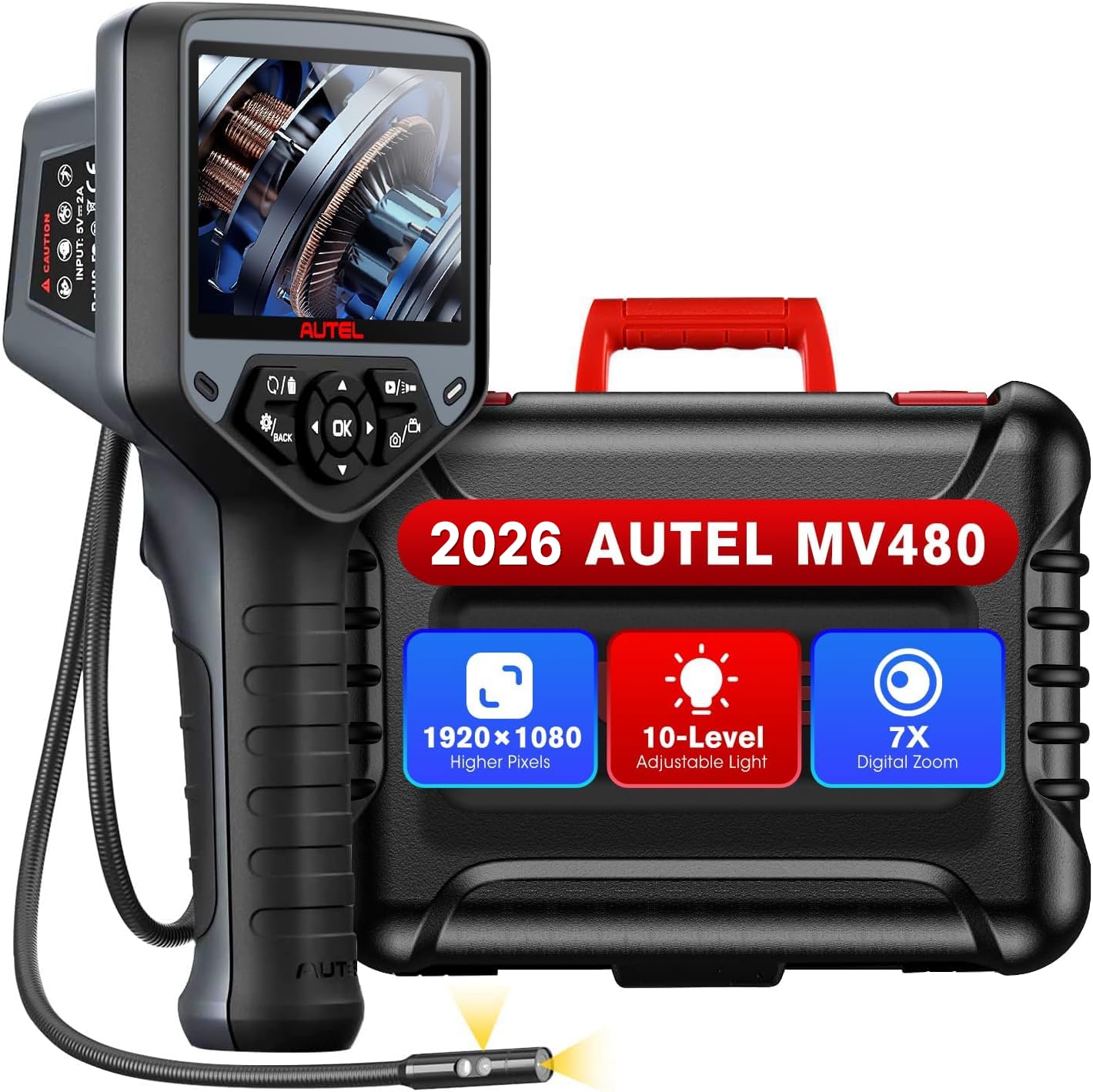 Autel MaxiVideo MV480 Inspection Camera, 1080P HD Industrial Endoscope Video Scope, Videoscope with Audio Annotation, Dual Cameras, 360°Rotation, 7 X Zoom, Upgraded Ver. of MV460