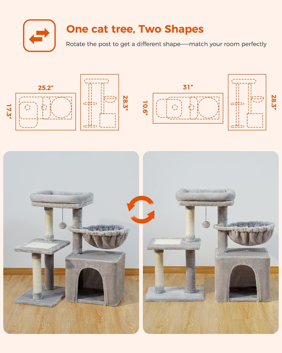 PEQULTI Cat Tree Floor to Ceiling, Tall Cat Tower, Adjustable Height (83''~108'') 5 Tiers Cat Climbing Tree and PEQULTI Small Cat Tree, [28.5''] Cat Tower for Indoor Cats