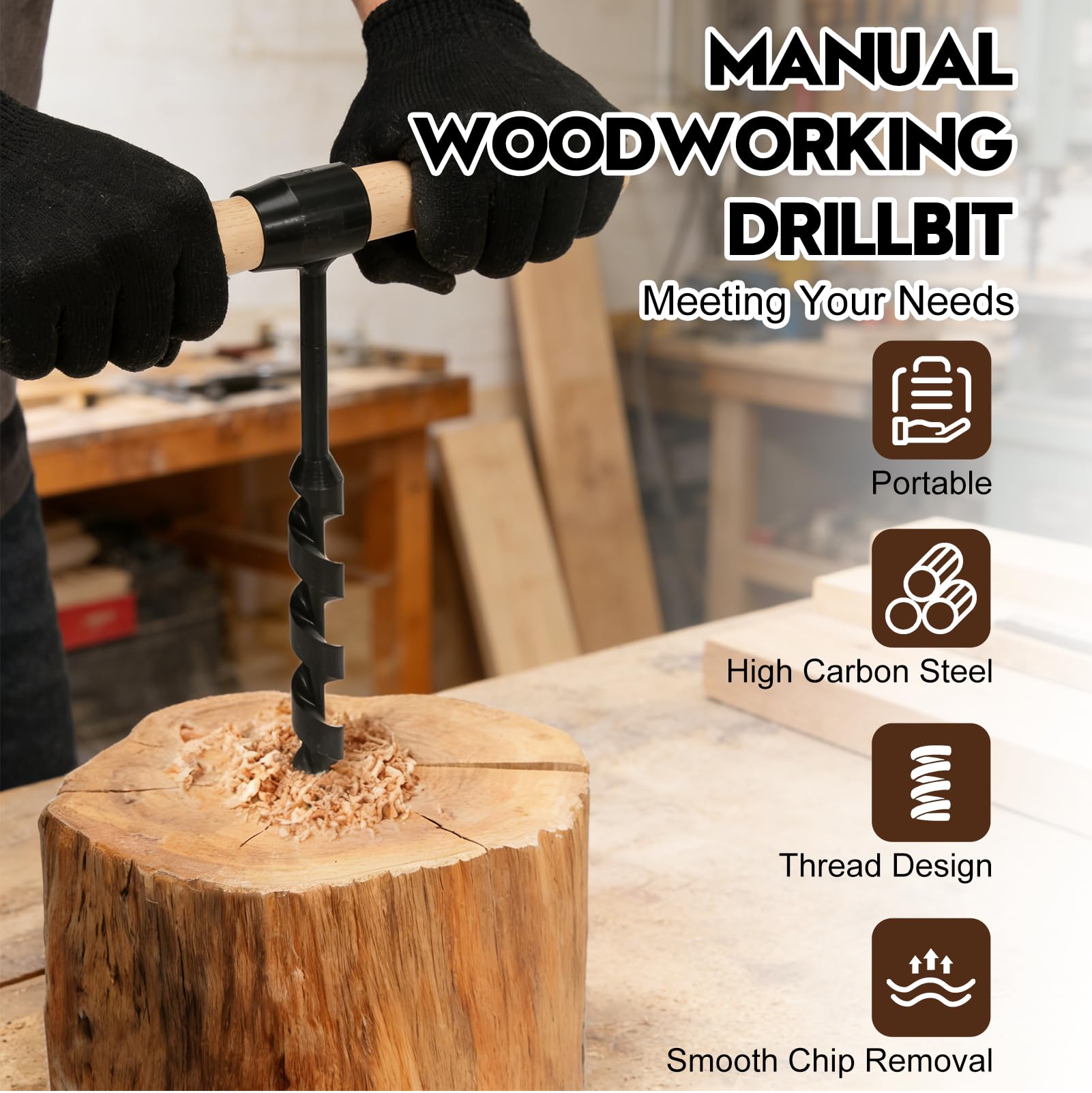 Bushcraft - Punta per trapano manuale per legno | Con chiave manuale per sopravvivenza all'aperto, lavori di bushcraft, campeggio all'aperto, lavorazione del legno, 4 pezzi