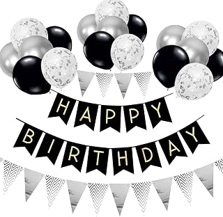 SJQ Black & Silver Birthday Decoration Banner, Balloons and Banners - 12 inch, Happy Birthday decoration with Ribbons