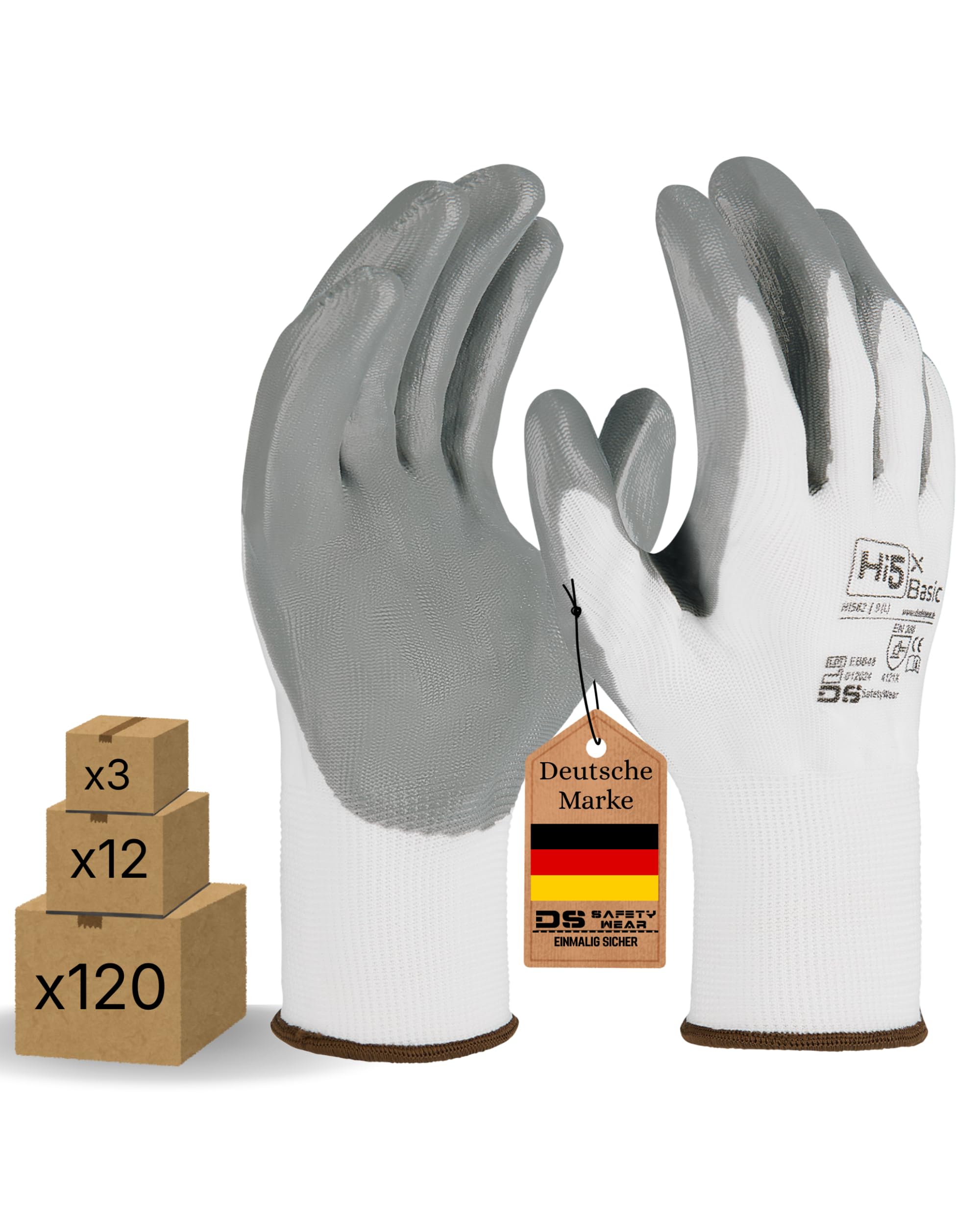 Hi5 X-Basic Arbeitshandschuhe – 13G Polyester – glatte Nitrilhandfläche – EN 388:4121X – atmungsaktiv & griffig – weiß/grau (S, 120, stück)
