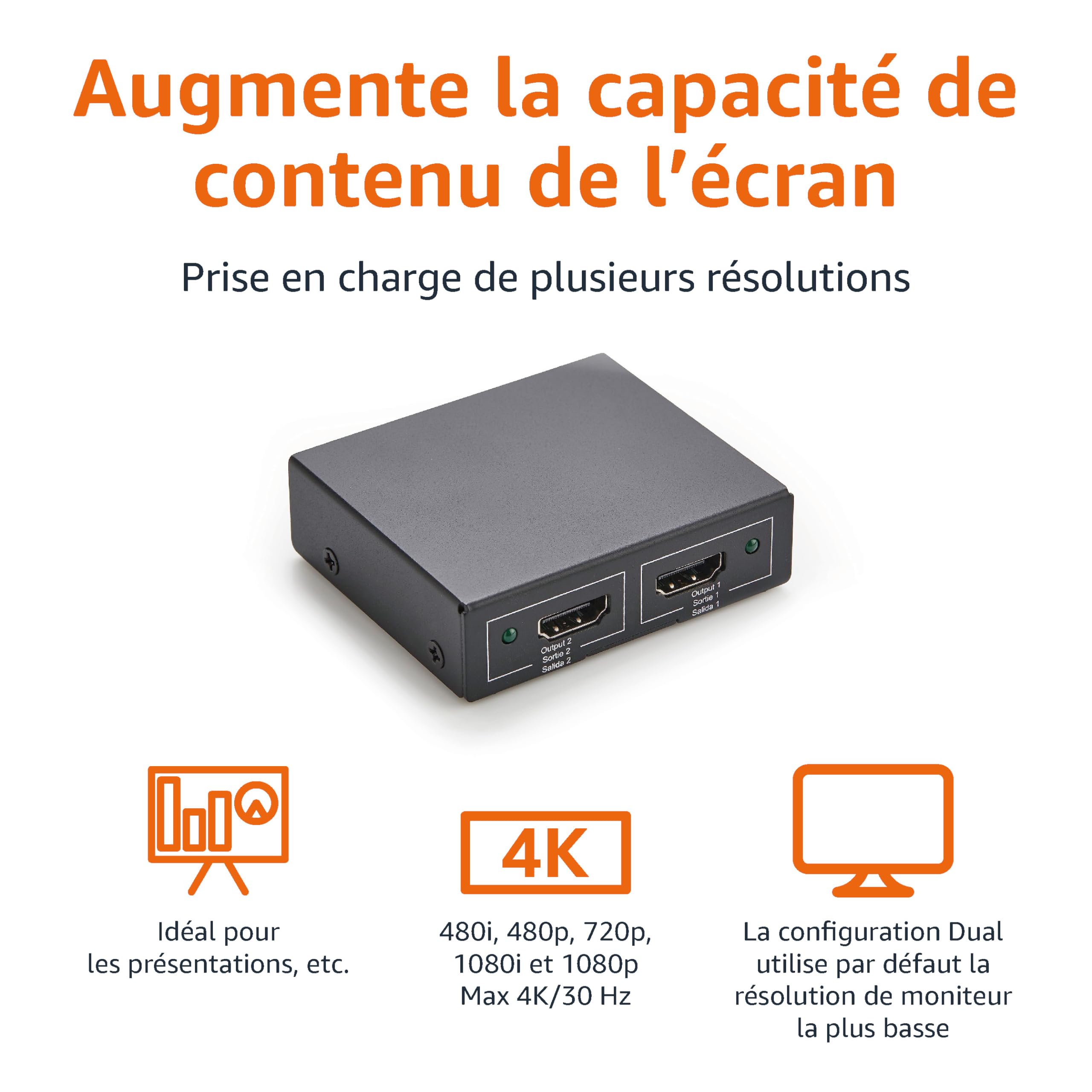 Amazon Basics Répartiteur HDMI 1 Entrée 2 Sorties 4K 30Hz Noir