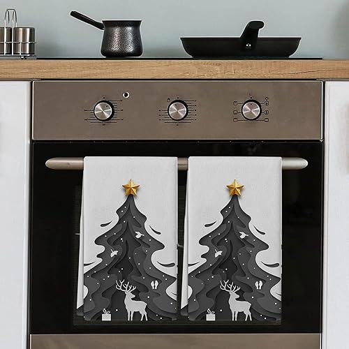 Miniatura 7 de Kitchen Towels Reversible for Drying Dishes, Black Xmas Tree Grey Elk Bird Christmas Set of 2 Dishcloths Cotton Hand Towels, Absorbent Dish Towels