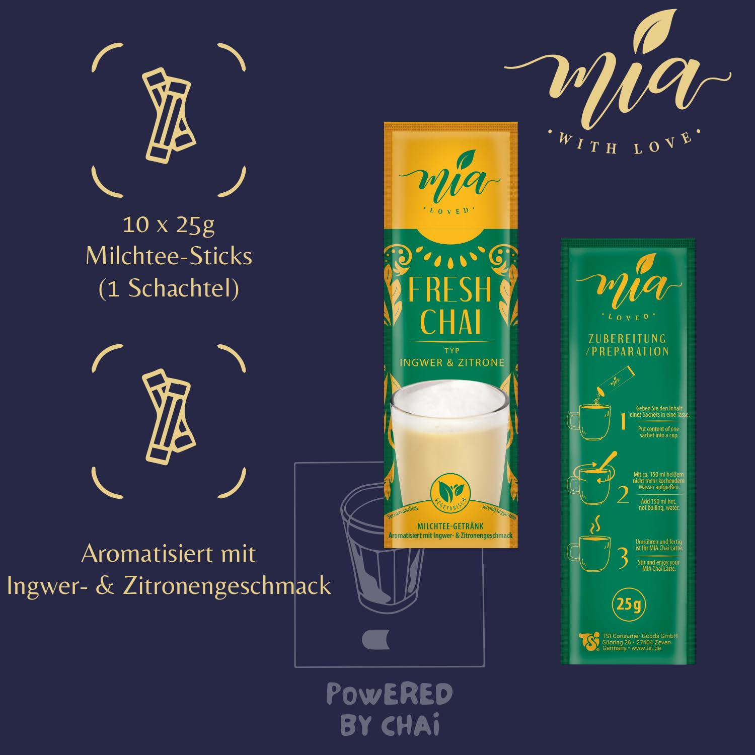 MIA Fresh Chai Ingwer & Zitrone Milchtee Getränkepulver, 16er Pack x (10 Sticks x 25g), einfache Zubereitung, löslich, 160 Tassen, Vorratspackung