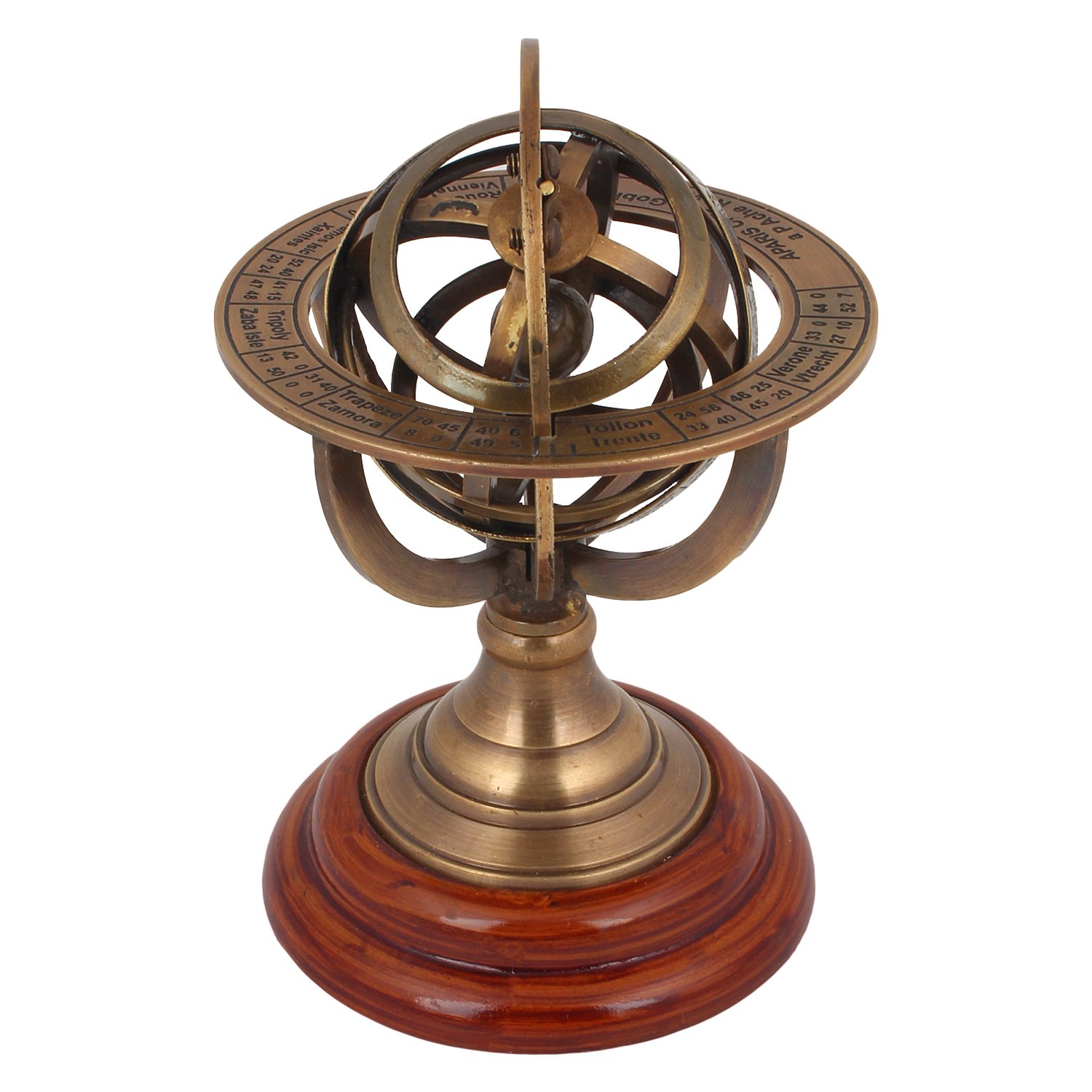 Armillary Astrolabe Sphere Showpiece,Made from Brass and Wooden Base