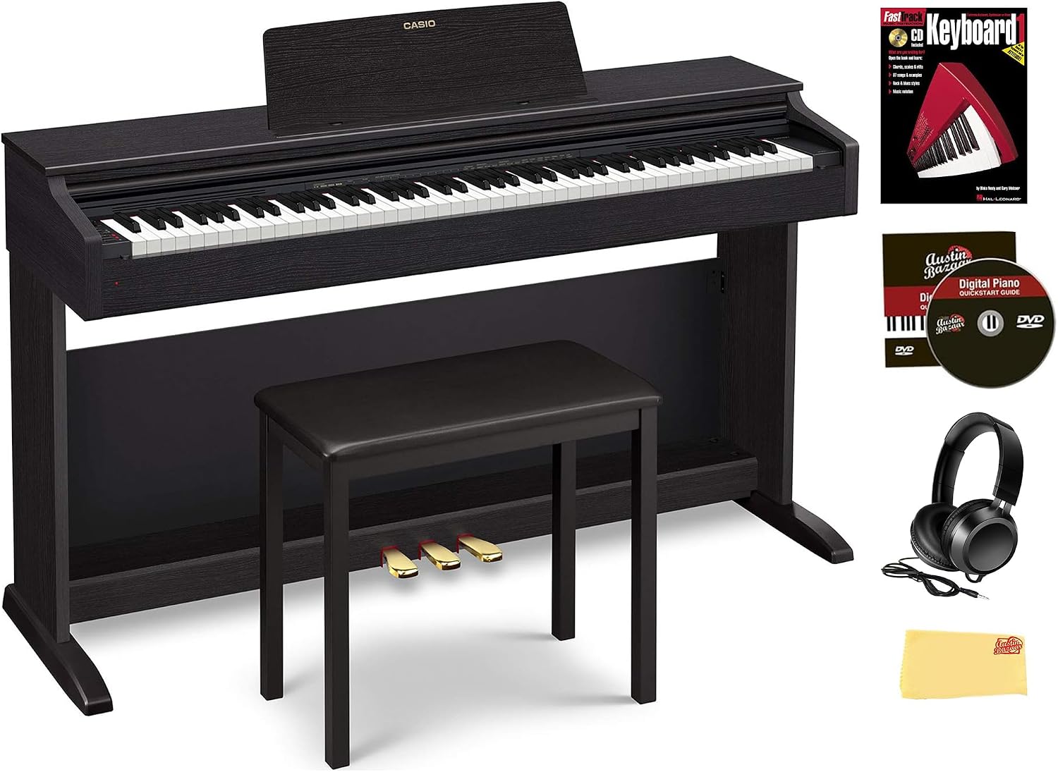 Casio AP-270 Celviano Digital Cabinet Piano – Black Bundle with Furniture Bench, Headphones, Online Piano Lessons, Austin Bazaar Instructional DVD, and Polishing Cloth