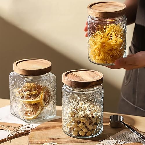 Miniatura 2 de KWQBHW Tarro de vidrio vintage hermético con tapa de bambú, recipientes de almacenamiento de alimentos de cocina para dulces, granos de café,