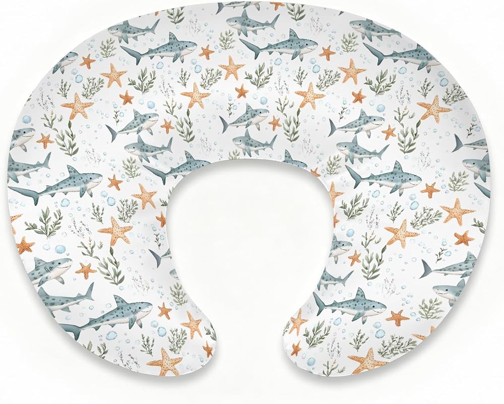 Sharks Starfish Pattern Nursing Pillow Cover for Baby Boy Girl,Ocean Theme Breastfeeding Pillow Slipcover with Hidden Zipper,Stretchy Removable Pillowcase for Newborn Infant Pillowslip,Cover Only — 사진 1