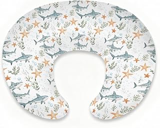 Sharks Starfish Pattern Nursing Pillow Cover for Baby Boy Girl,Ocean Theme Breastfeeding Pillow Slipcover with Hidden Zipper,Stretchy Removable Pillowcase for Newborn Infant Pillowslip,Cover Only