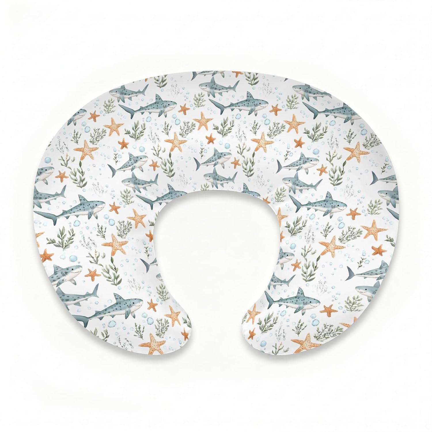 Sharks Starfish Pattern Nursing Pillow Cover for Baby Boy Girl,Ocean Theme Breastfeeding Pillow Slipcover with Hidden Zipper,Stretchy Removable Pillowcase for Newborn Infant Pillowslip,Cover Only