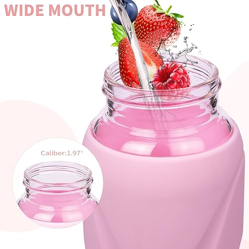 Miniatura 5 de Botella de agua deportiva de vidrio de 32 onzas con popote y funda de silicona, reutilizable, sin BPA, con tapa superior abatible y asa, boca ancha