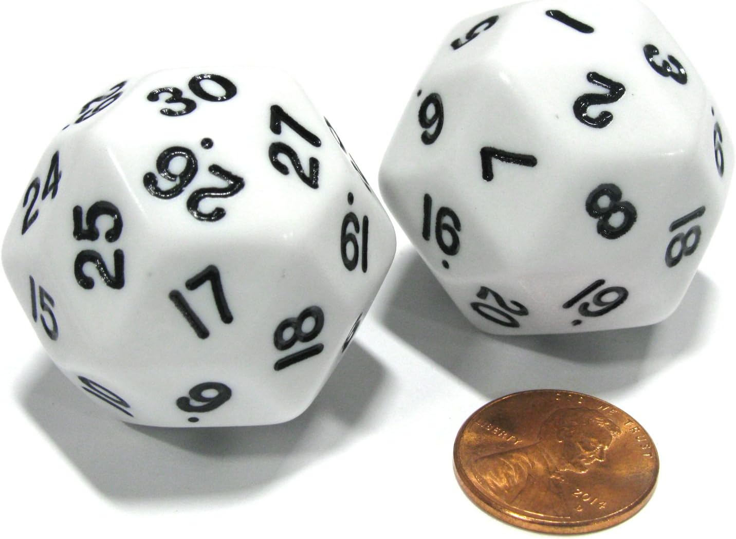 Set of 2 Triantakohedron D30 30 Sided 33mm Jumbo Dice - White w Black Numbers