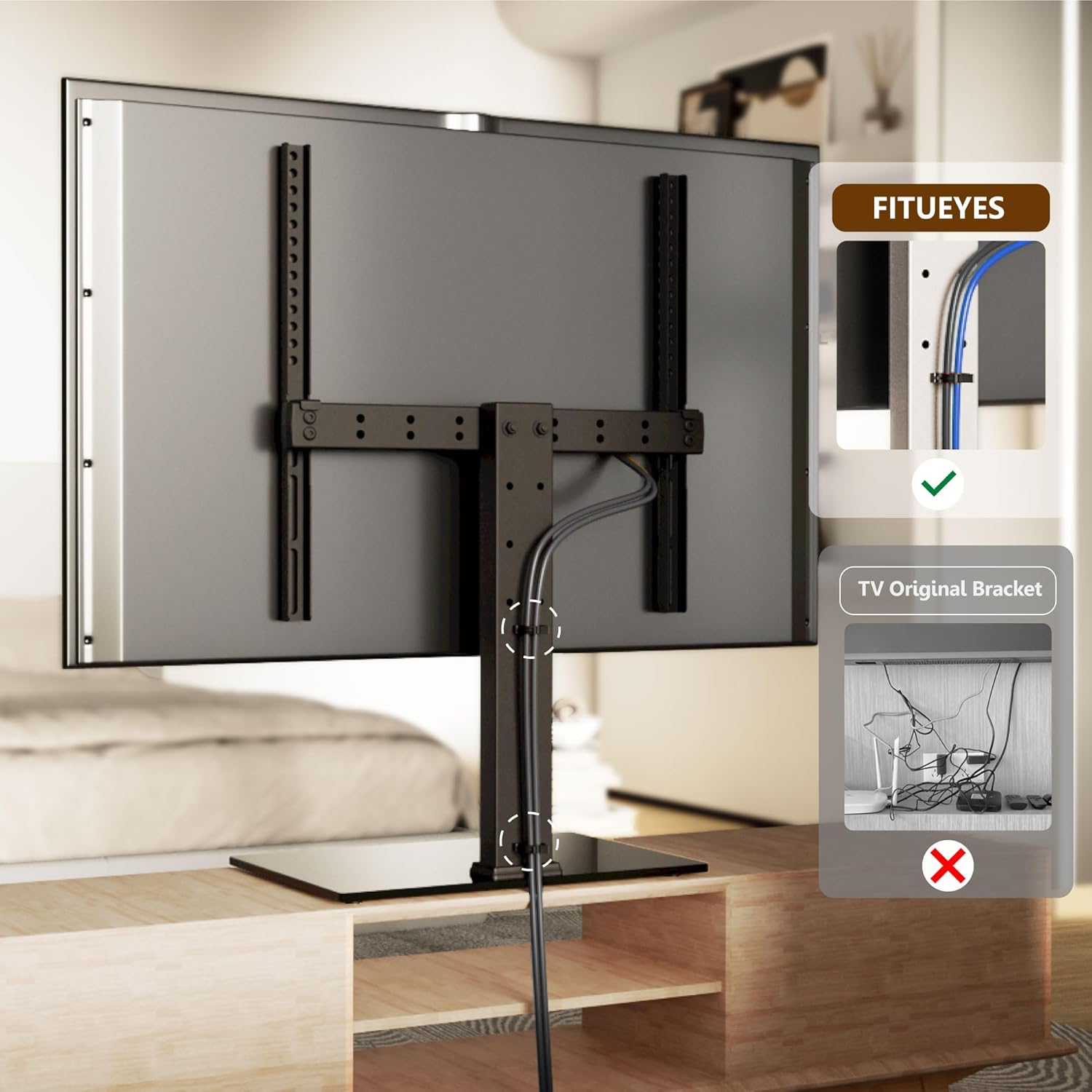 Image illustrating the cable management feature of the FITUEYES TV stand, showing cables neatly routed through clips on the stand's pole.