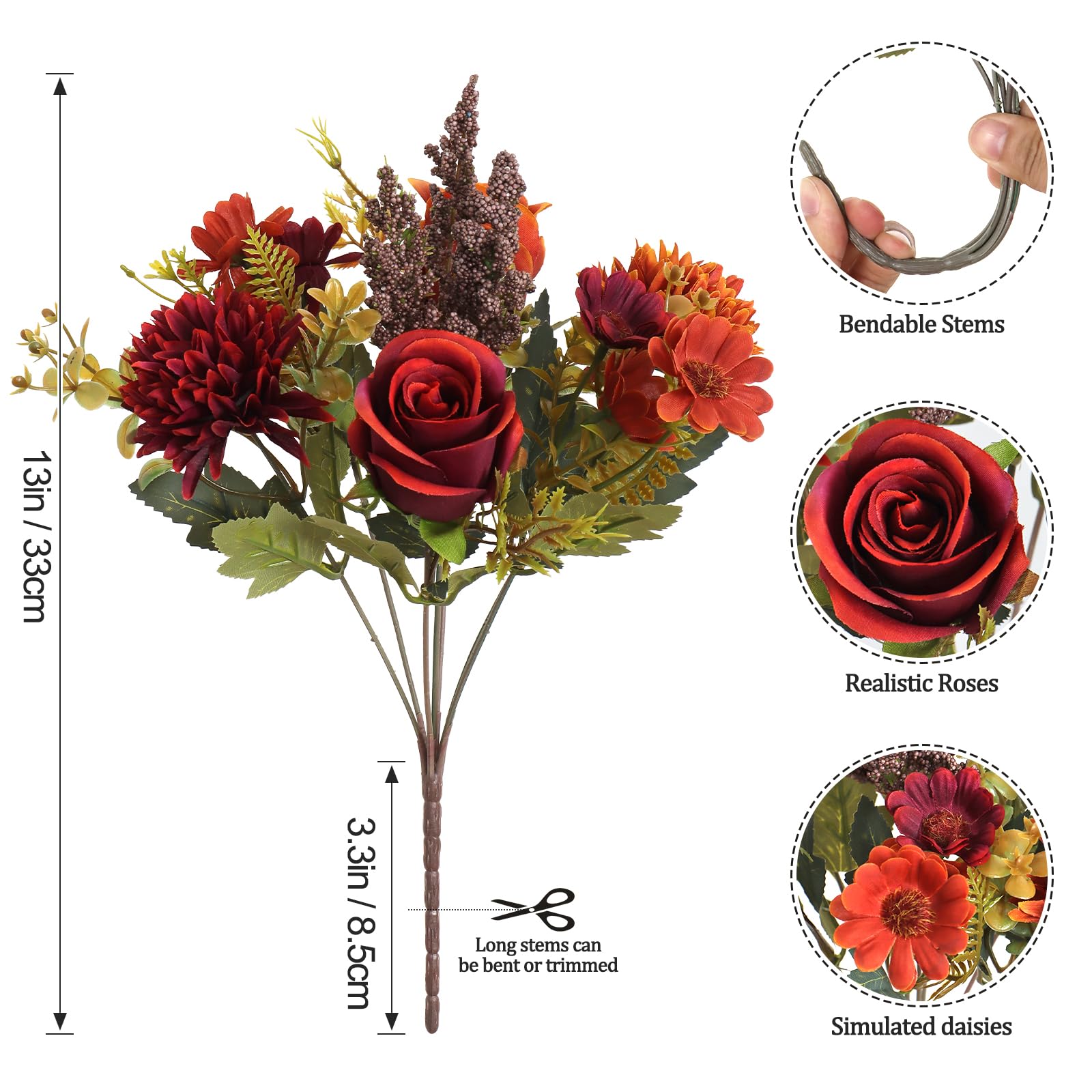 MEIVINES Artificial Flowers Artificial Rose Silk Flowers 2 Bunches Faux Rose Daisy Flower Bouquet for Wedding Party Table Centerpieces Floral Arrangement Home Kitchen Decor (Orange&Red - Image 3