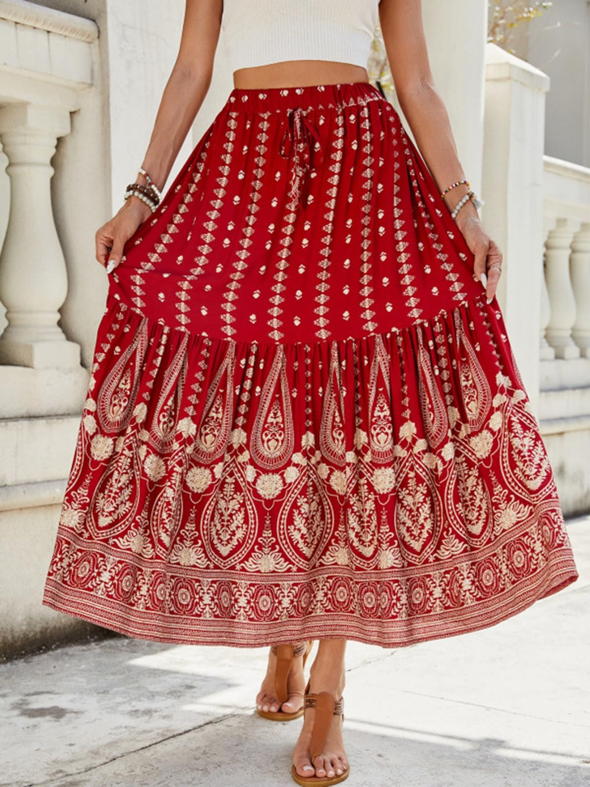Gonna Midi Boho Estiva,Gonne Stampa Floreale,Abiti Estivi Lunghi A Vita