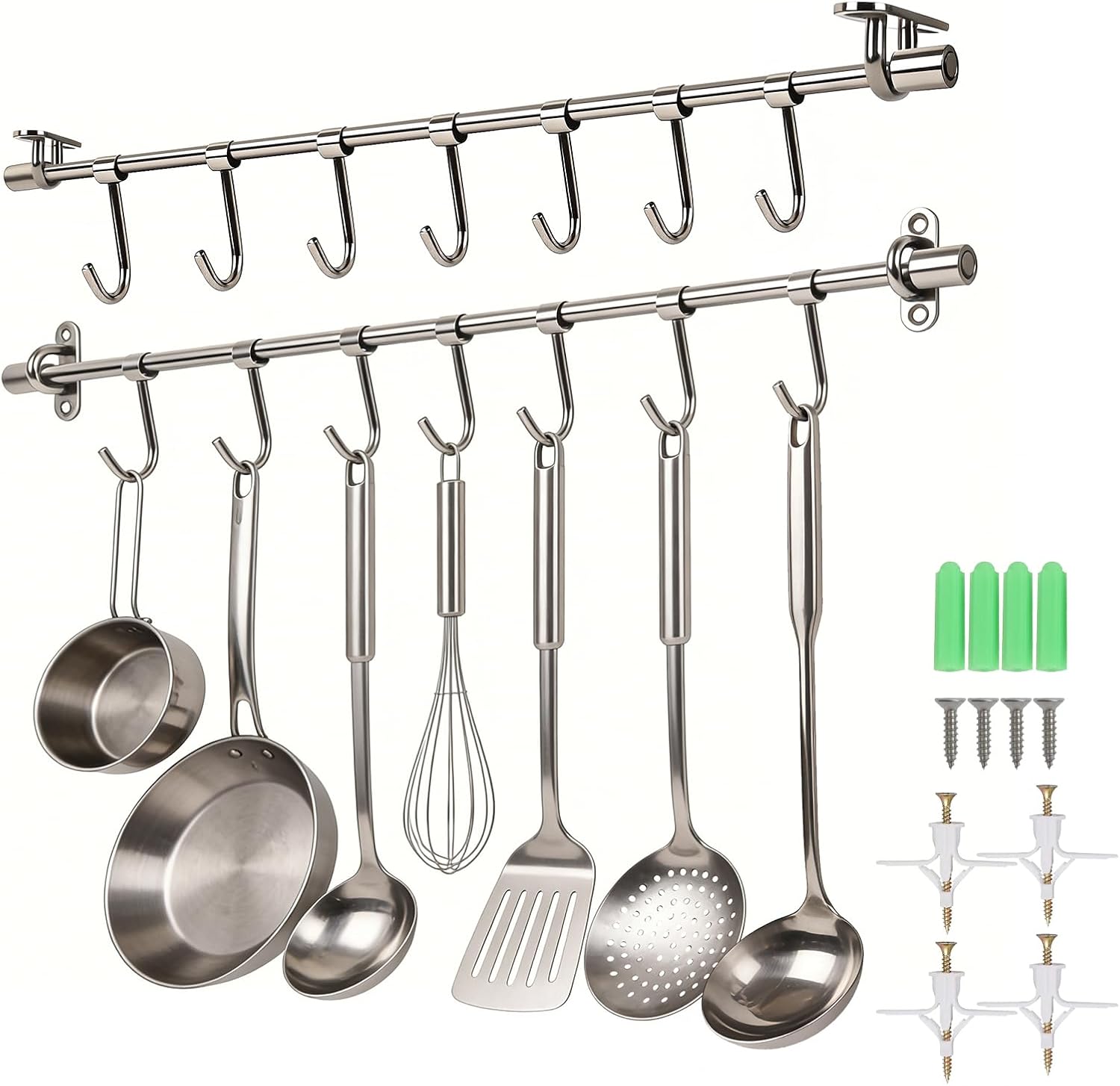 20" Kitchen Utensil Rack with Adjustable Holes - 8 Sliding Hooks 304 Stainless Steel, Pots and Pans Hanging Rack Wall Mounted 2 Packs