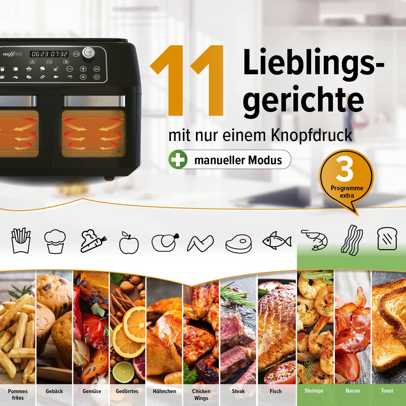 MAXXMEE Heißluft-Fritteuse Doppelkammer 11 Liter | Clevere Kombination aus Heißluftofen, Grill & Fritteuse mit 2 XXL-Frittierfächern mit je 5,5 Litern | Digitales Bedienfeld und Sichtfenster