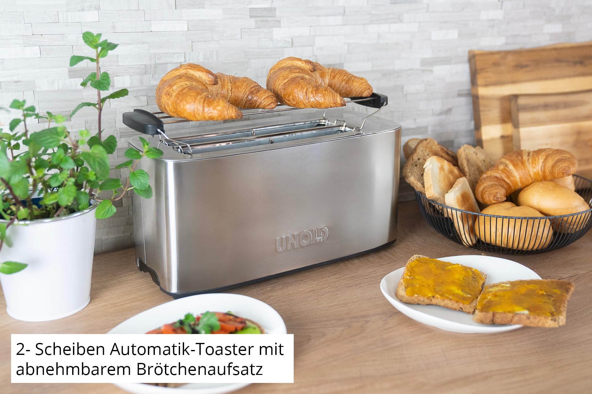 Unold 38266 Tostapane Tom - Tostapane a 4 fette 1400 W, corpo in acciaio inox termoisolato, anche per fette di toast XXL, con 4 funzioni: tostatura, riscaldamento, scongelamento e arresto
