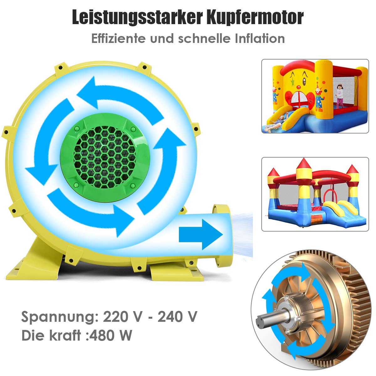 COSTWAY 350W Gebläse Luftpumpe Ventilator Windmaschine Lüfter elektrisch für aufblasbare Spielzeuge 580m³/H 1500Pa