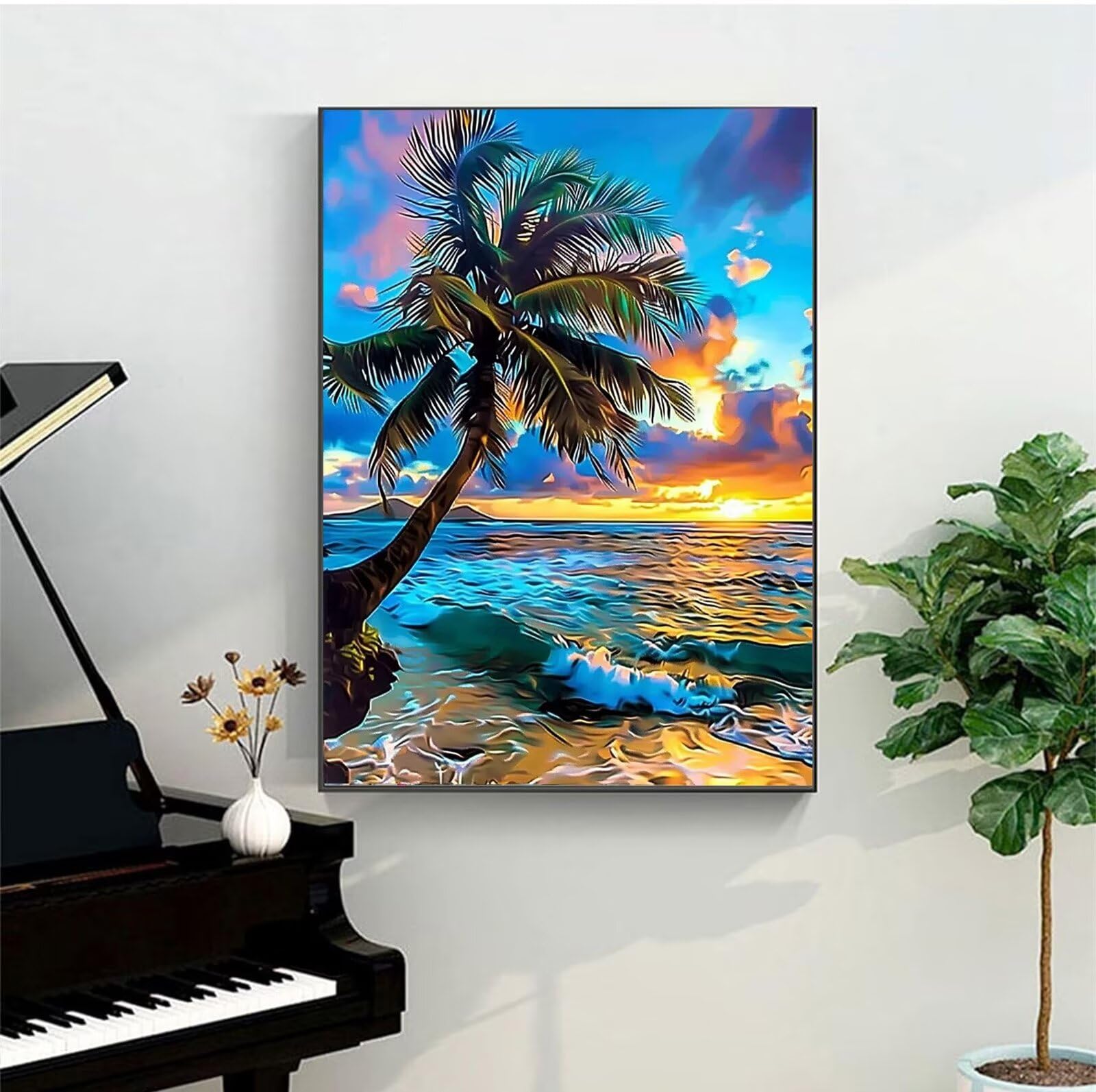 Peepezo Malen nach Zahlen Erwachsene Sonnenuntergang Tropisch DIY Öl Leinwand Gemälde Set für Anfänger & Senior Acrylic Malen Malerei Heimwerk Weihnachten Paar Freund Geschenk 60x80cm (mit Rahmen)