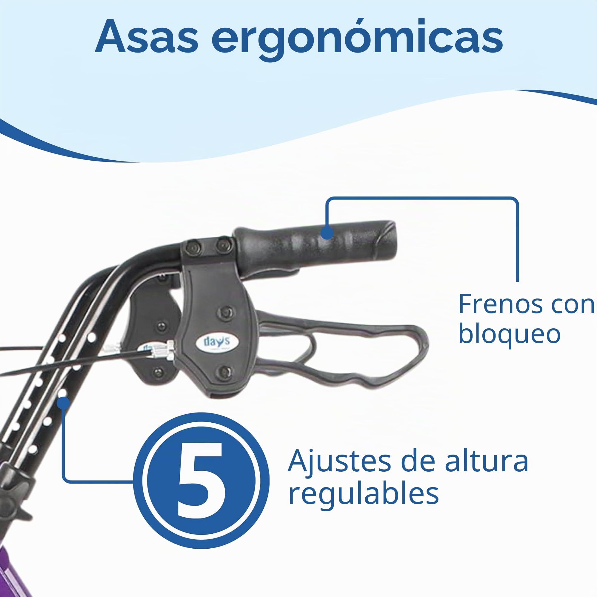 Days Andador de Cuatro Ruedas Ligero y Plegable con Asiento Acolchado, Frenos de Bloqueo, Mangos Ergonómicos y Bolsa de Transporte, Ayudas A la Movilidad, Mediano, Azul