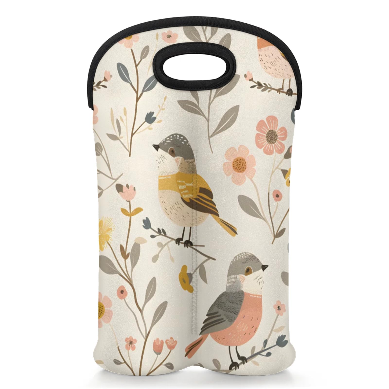GzLeyigou 2 Bottles Birds on Branches Wine Bag Sleeve Totes Bird Neoprene Protective Wine Carrier Bag for Wine,Water, Champagne, Beer, Baby Bottles,Gift 14.5 x 10 Inches