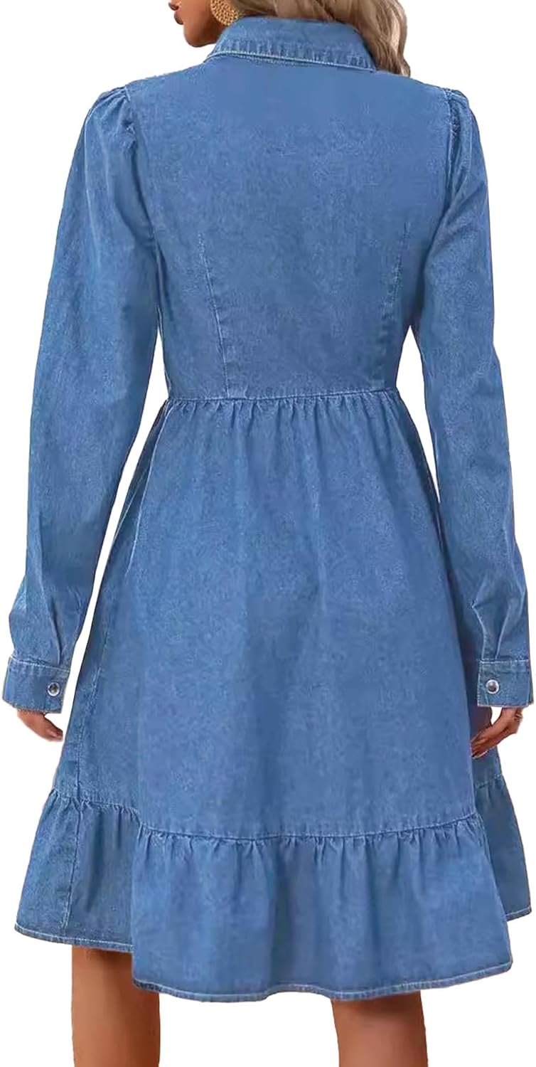 Sexyshine Women's Button Down Denim Dress Puff Long Sleeve Lapel Collar High Waist A Line Swing Ruffle Jeans Midi Dress - Image 2