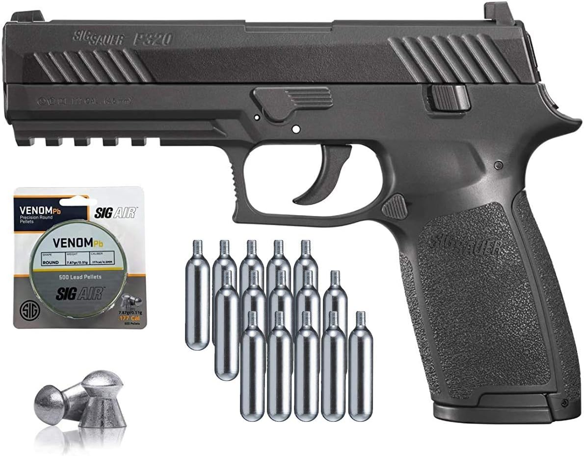 SIG Sauer P320 Airgun .177 Cal 30 Rd with CO2 12 Gram (15 Pack) and 500 Lead Pellets Bundle (Black) : Sports & Outdoors