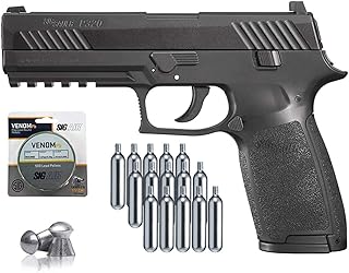 SIG Sauer P320 Airgun .177 Cal 30 Rd with CO2 12 Gram (15 Pack) and 500 Lead Pellets Bundle (Black)