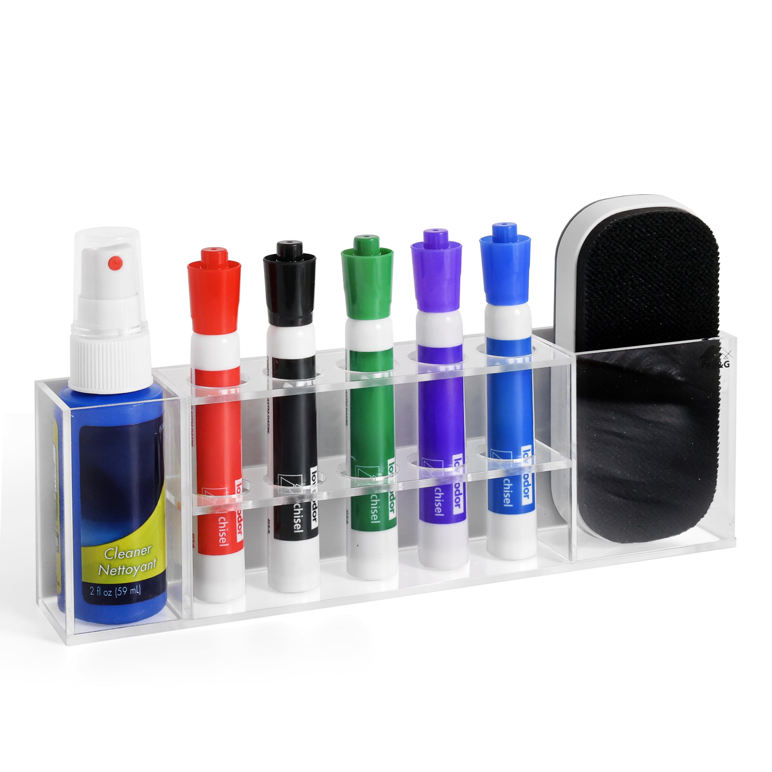 Slim Magnetic Dry Erase Marker Holder for Whiteboard, Space Saving Pen Organizer with Glass and Wall Mount Accessories for Fridge, Office, and School. Markers, Eraser, Cleaner Not Included (Clear)