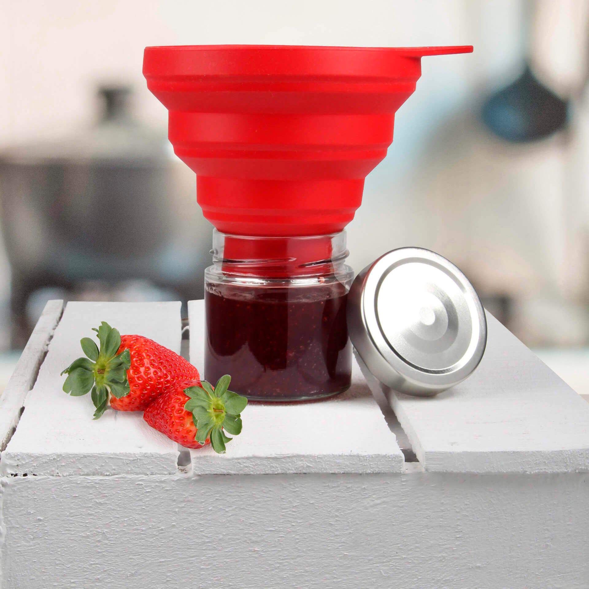 Dr. Oetker Einmachgläser mit Bügelverschluss 370 ml, Vorratsglas mit Trichter, Glasheber für luftdichte Marmeladengläser, vielseitiges Einweckglas (Farbe: Transparent/Rot), Menge: 1 x 8er Set