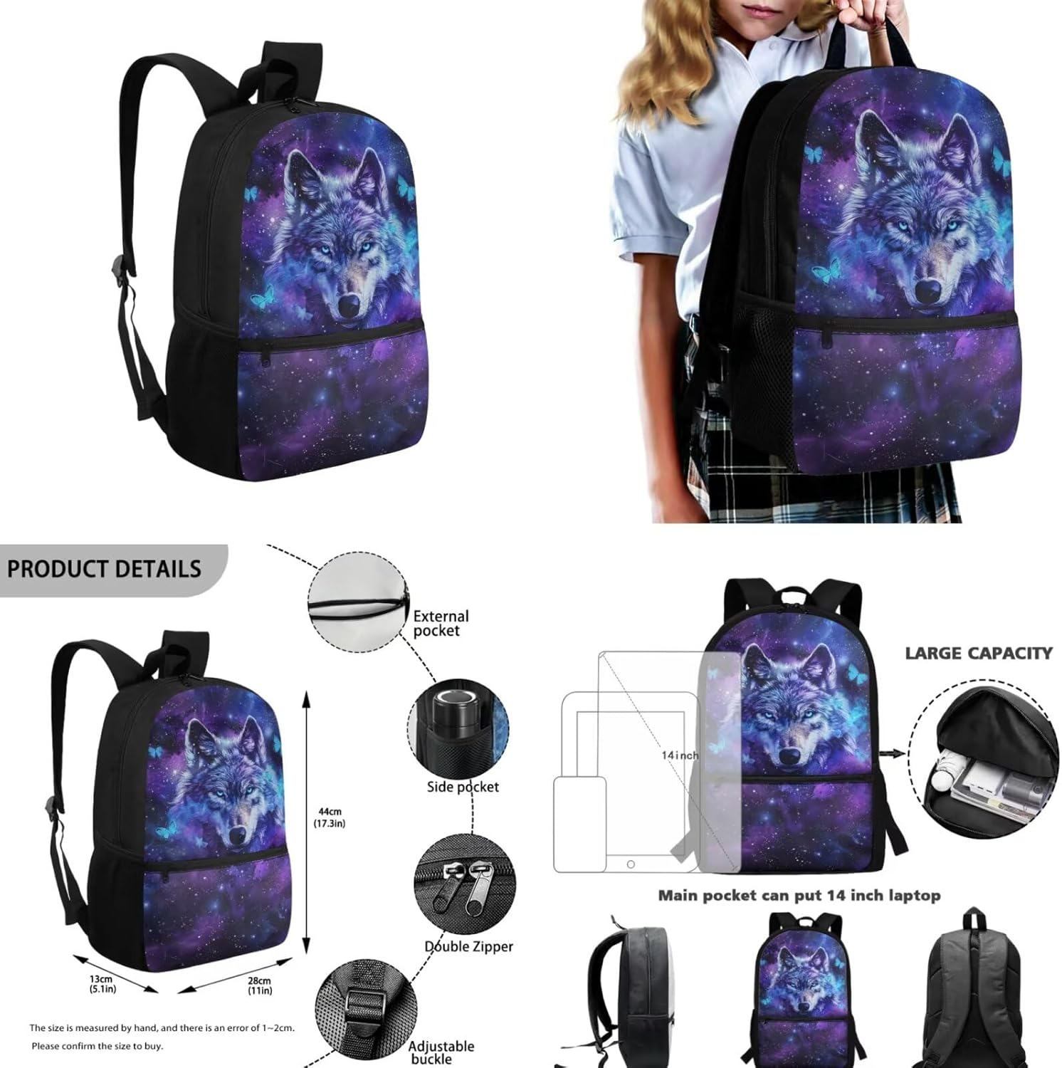 Galaxy Wolf Backpack for Girls Kids Backpack with Lunch Box Water Bottle Holder and Aesthetic Pencil Case 4PCS Set Bookbag with Front Pocket for School 17" Sturdy School Bag with Side Pocket