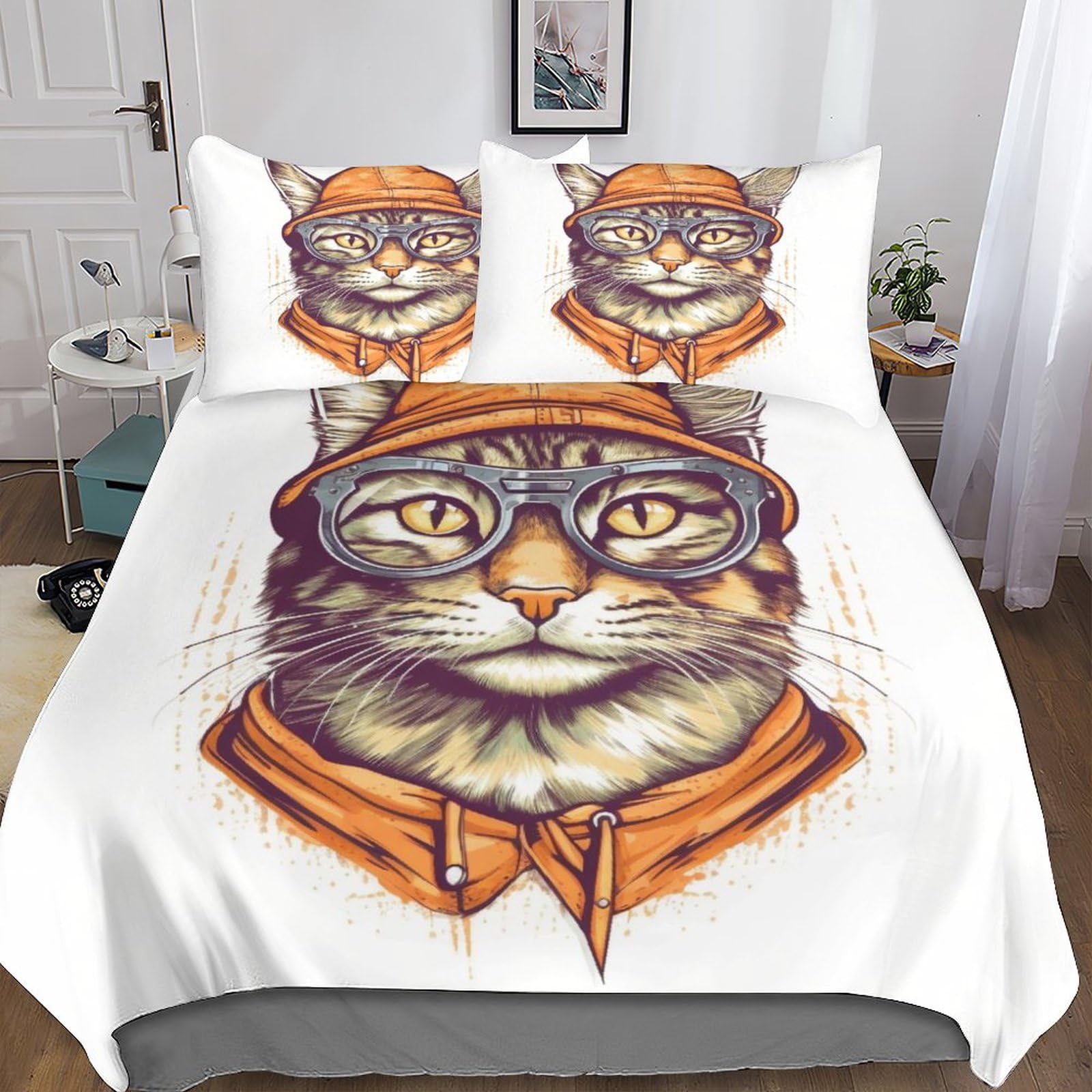 DOUKI gatto，Copripiumino 3D Stampato,Motivo Anime,Con Chiusura Lampo,Copripiumino Stampato Con Federe, carino King（220x240cm）
