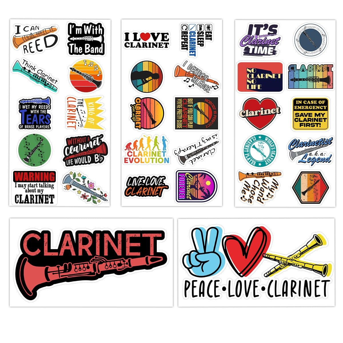 Clarinet Sticker Pack 32 pcs 5 Sheets Waterproof Vinyl Stickers Musical Instrument Decal for Water Bottles Laptop Clarinetist Cars Phone Book Decor Gift for Dad Mom Men Kid Birthday