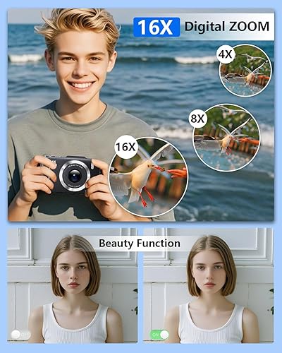 Miniatura 4 de Cámara digital, FHD 1080P para niños, cámara digital con zoom de 16x, antivibración, tarjeta de 32 GB, 4K 48MP cámaras compactas portátiles de