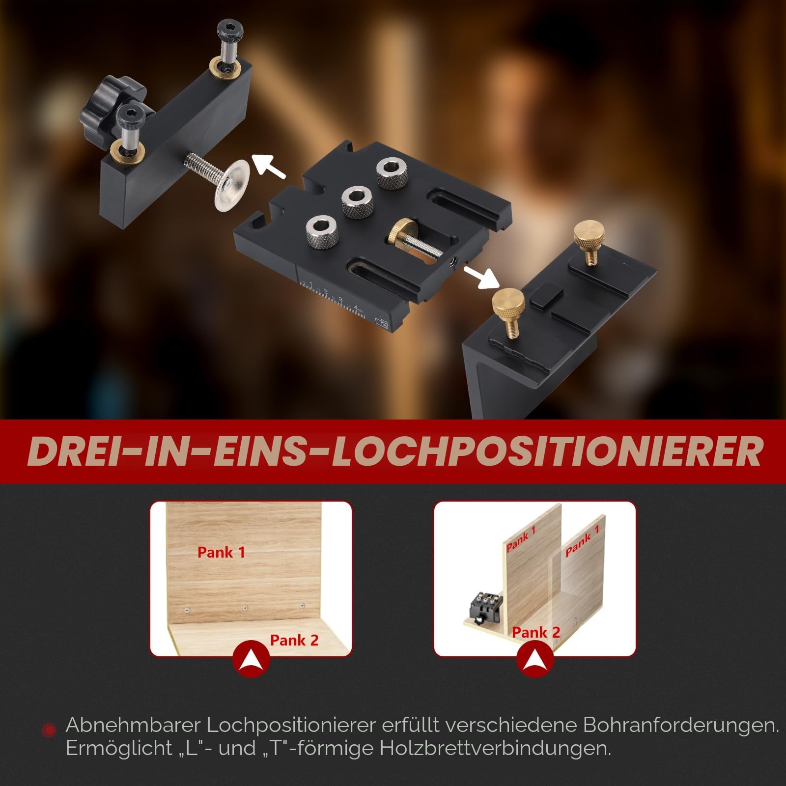 6/8/10/15mm Holzdübel Bohrschablone Möbelbau - 3 in 1 Bohrlehre für Die Holzbearbeitung Exakte Dübellöchre, Dübelhilfe mit Positionierungsclip Bohrer Perforator, Bohrhilfe