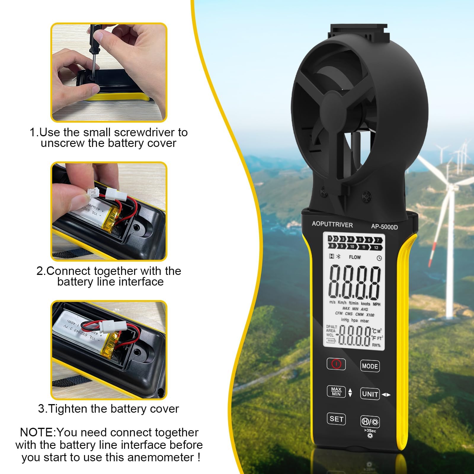 Windmesser CFM Messgerät, Wiederaufladbarer Anemometer mit Touchscreen, Anemometer Handheld Digital Windmessgerät Misst Luftvolumen/Windgeschwindigkeit/Temp mit MAX/MIN für HVAC Drohne