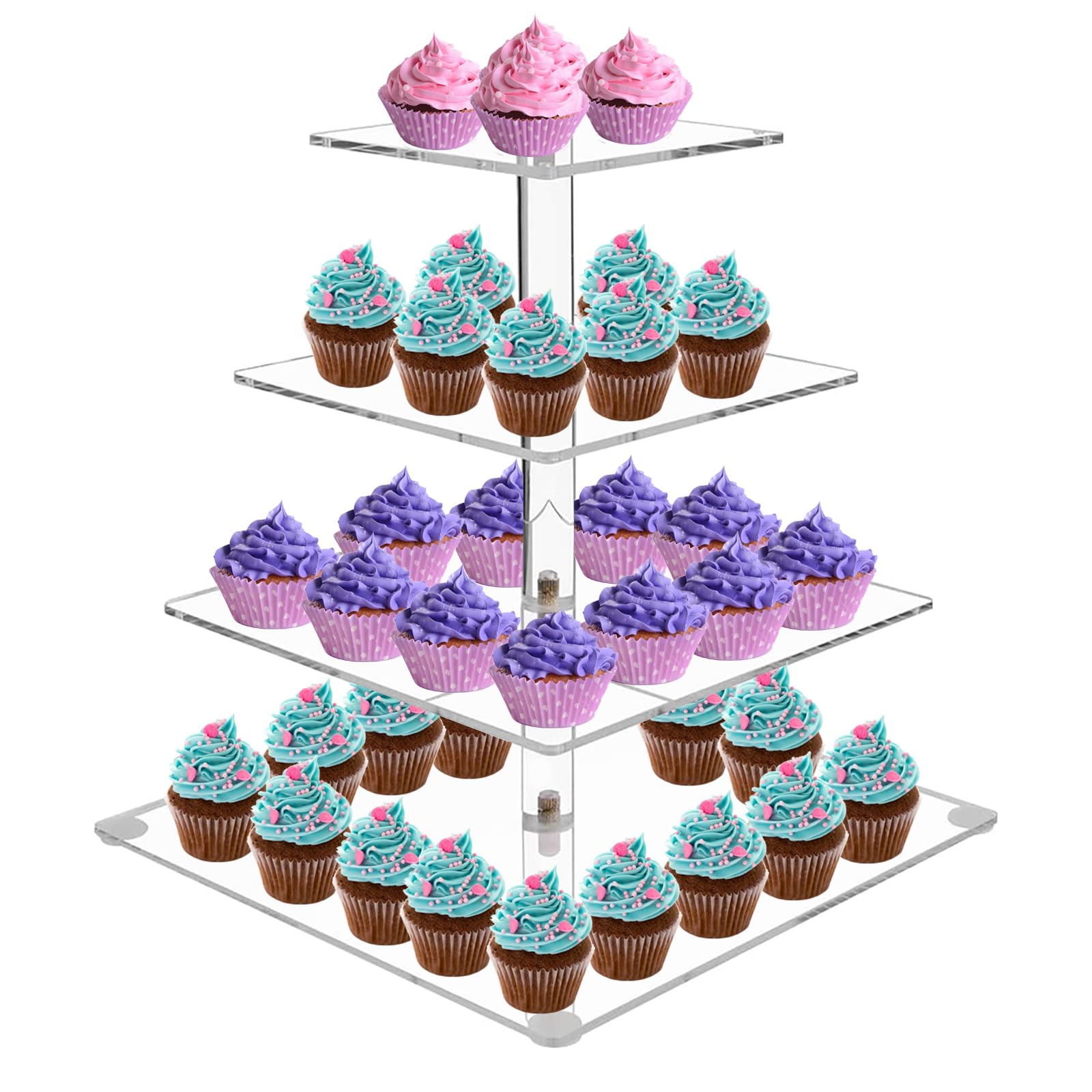 ECOSEAO Supporto per cupcake, 3 livelli, trasparente, quadrato, per cupcake, dessert, pasticceria, torre, supporto per matrimonio, compleanno, decorazione per la casa (25,4 cm